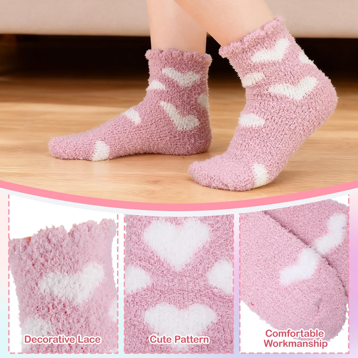 8 Pairs Heart Fuzzy Socks for Women Cute Cozy Warm Slipper Socks Fluffy Home Sleeping Sock for Heart Gift - Image 5