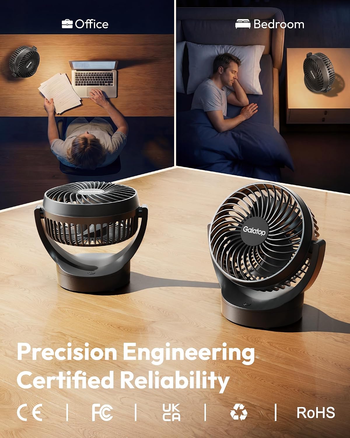 Gaiatop Portable Desk Fan, 3 Adjustable Speeds, Solid Black, Quiet Brushless Motor, Up to 19H All-Day Cooling, 135° Tilt Bedroom Fan for Home/Office/Outdoor (Black)