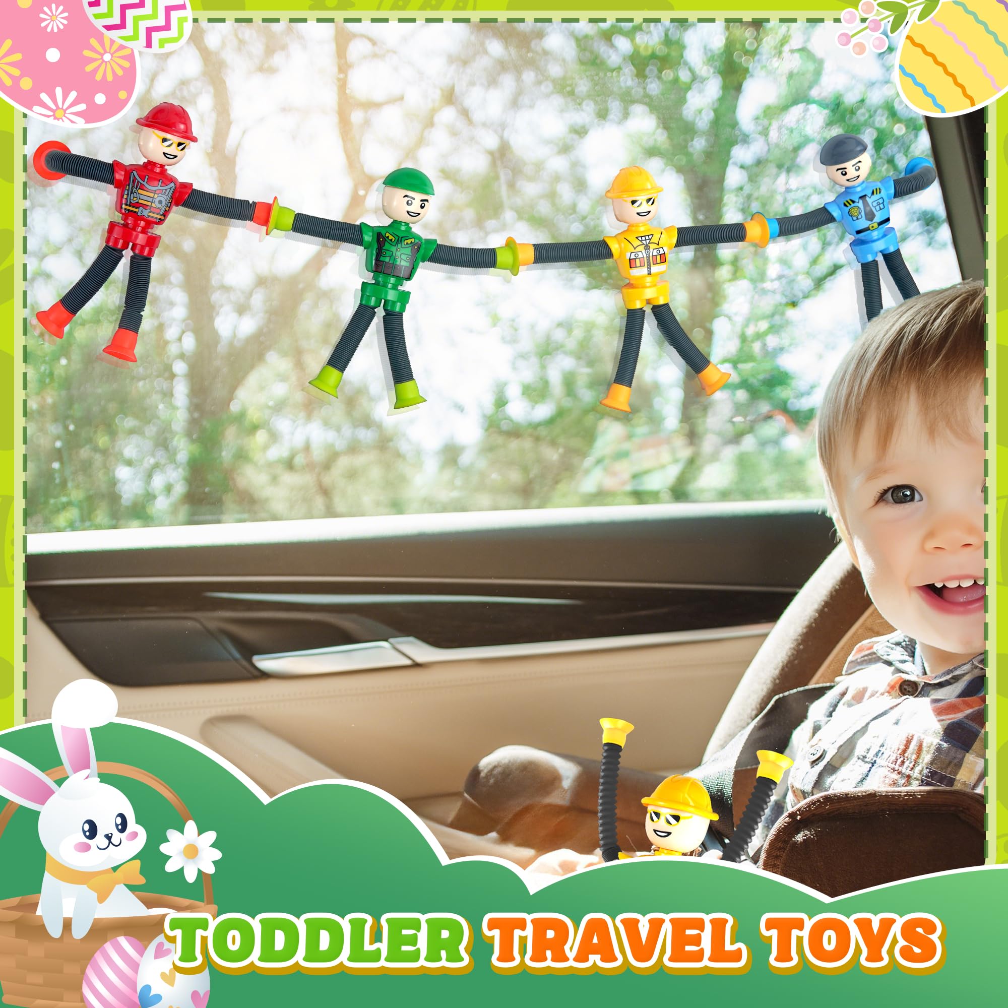 Easter Basket Stuffer Gift for Toddlers Kids Robot Sensory Travel Toys 4Pcs for Boy Year Old Ages 3 4 5 6 7 8 9, Airplane Travel Activities Suction Autistic Valentine Pop Tube Autism Fidget Toys 5