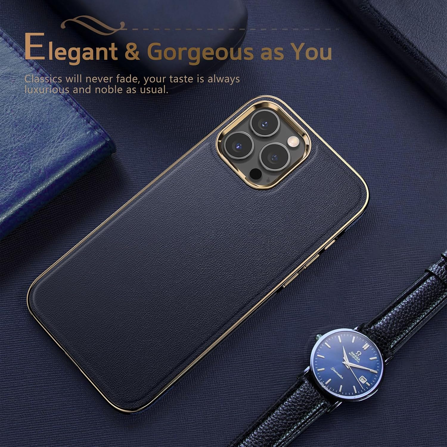 LOHASIC for iPhone 14 Pro Case with Mag-Safe, Slim Leather Business Classic with Microfiber Lining Inner Protective Strong Magnetic Phone Men Cases for iPhone 14 Pro 6.1 inch - Navy Blue