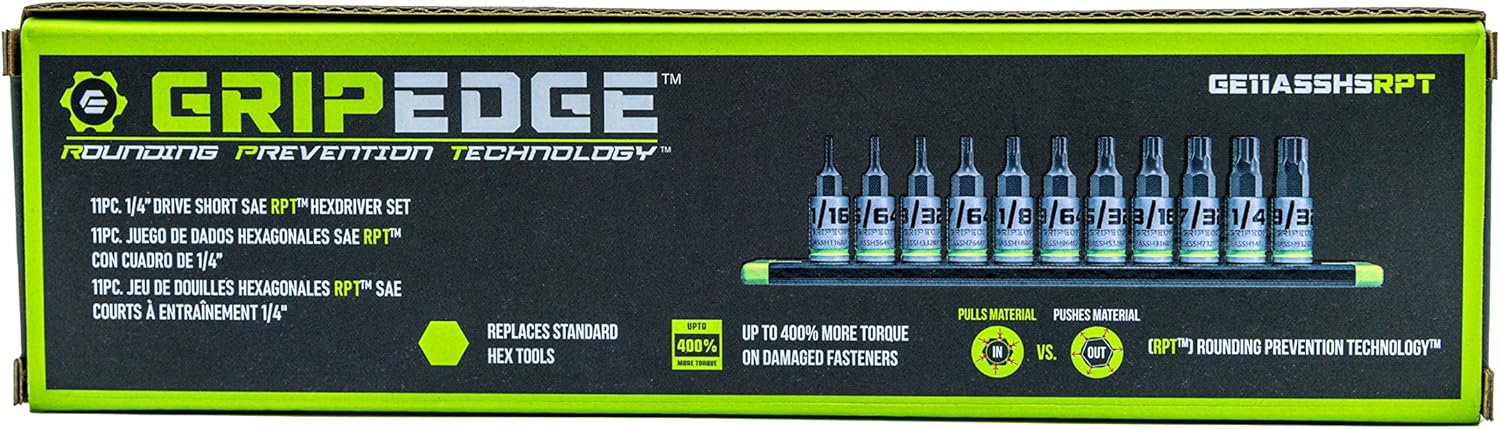 GRIPEDGE HEX Bit Socket Set | 11-PC - 1/4'' Drive Short SAE RPT Hex Driver Set | Sizes 1/16'' - 9/32'' | Made With S2 Steel | Includes Premium Aluminum Storage Rail |