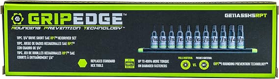 GRIPEDGE HEX Bit Socket Set | 11-PC - 1/4'' Drive Short SAE RPT Hex Driver Set | Sizes 1/16'' - 9/32'' | Made With S2 Steel | Includes Premium Aluminum Storage Rail |