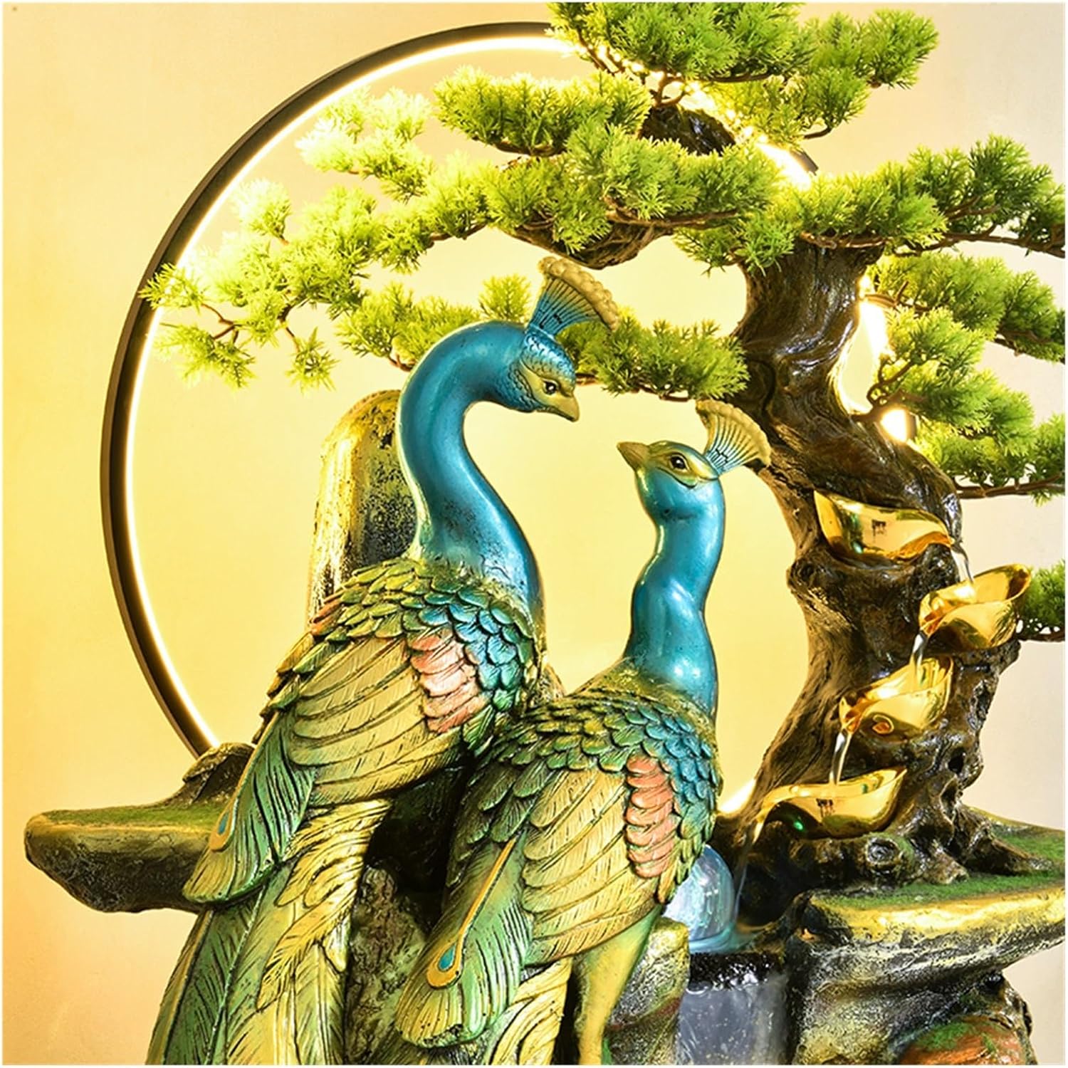 Outdoor Fountain Peacock Flowing Water Ornament, New Chinese Zen Fountain, Floor Standing Decorative Vase for Living Room, Entrance Door or Next to Tv Cabinet(53 * 46 * 156cm)