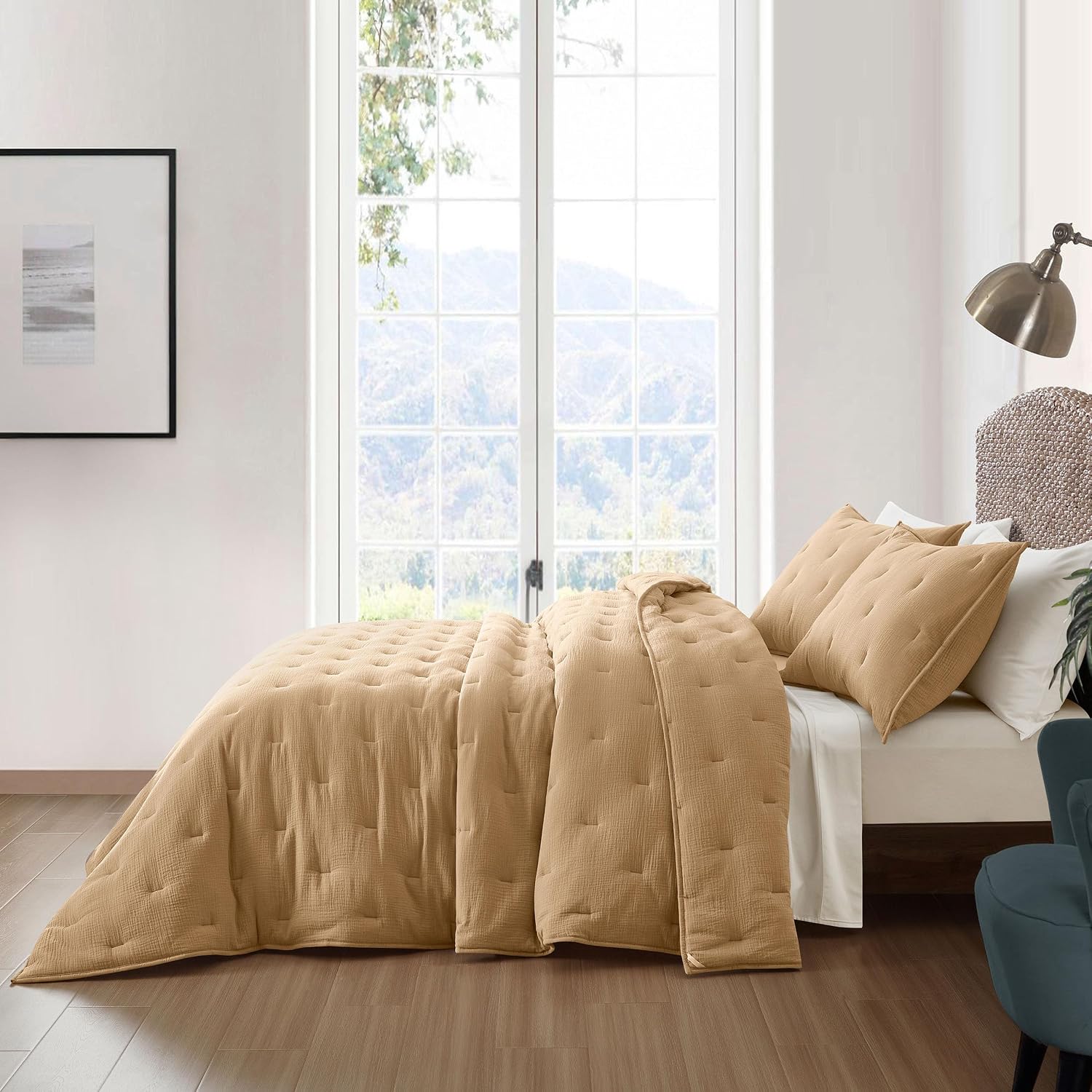 100% Cotton Muslin Gauze Comforter Set King, 1" Line Quilted, Dune Beige | Pre-washed linen-like comforter, 3 PCS lightweight quilt set, duvet insert with corner loops, coverlet bedspread, OEKO