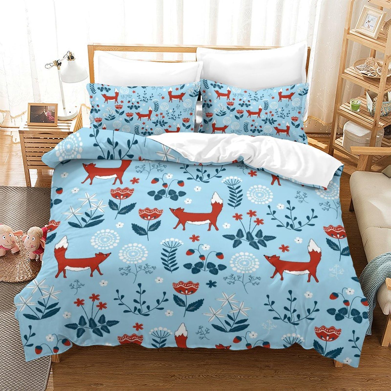 Housse de couette renard 3D 200x200 cm avec 2 taies d'oreiller pour lit double