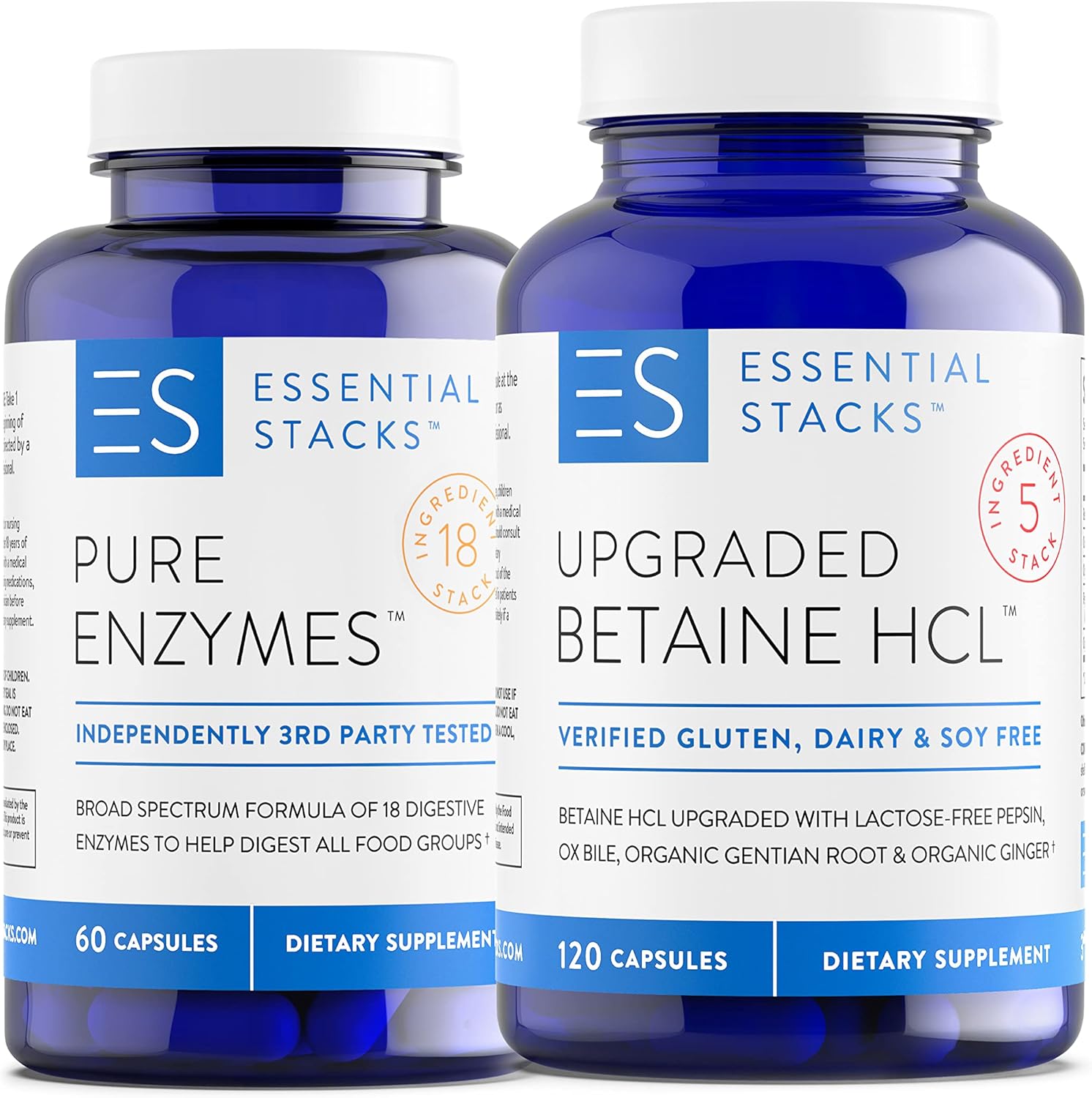 Essential Stacks Beat Bloating Bundle - Digestive Enzymes (60 ct) & Betaine HCL with Pepsin (120 ct)