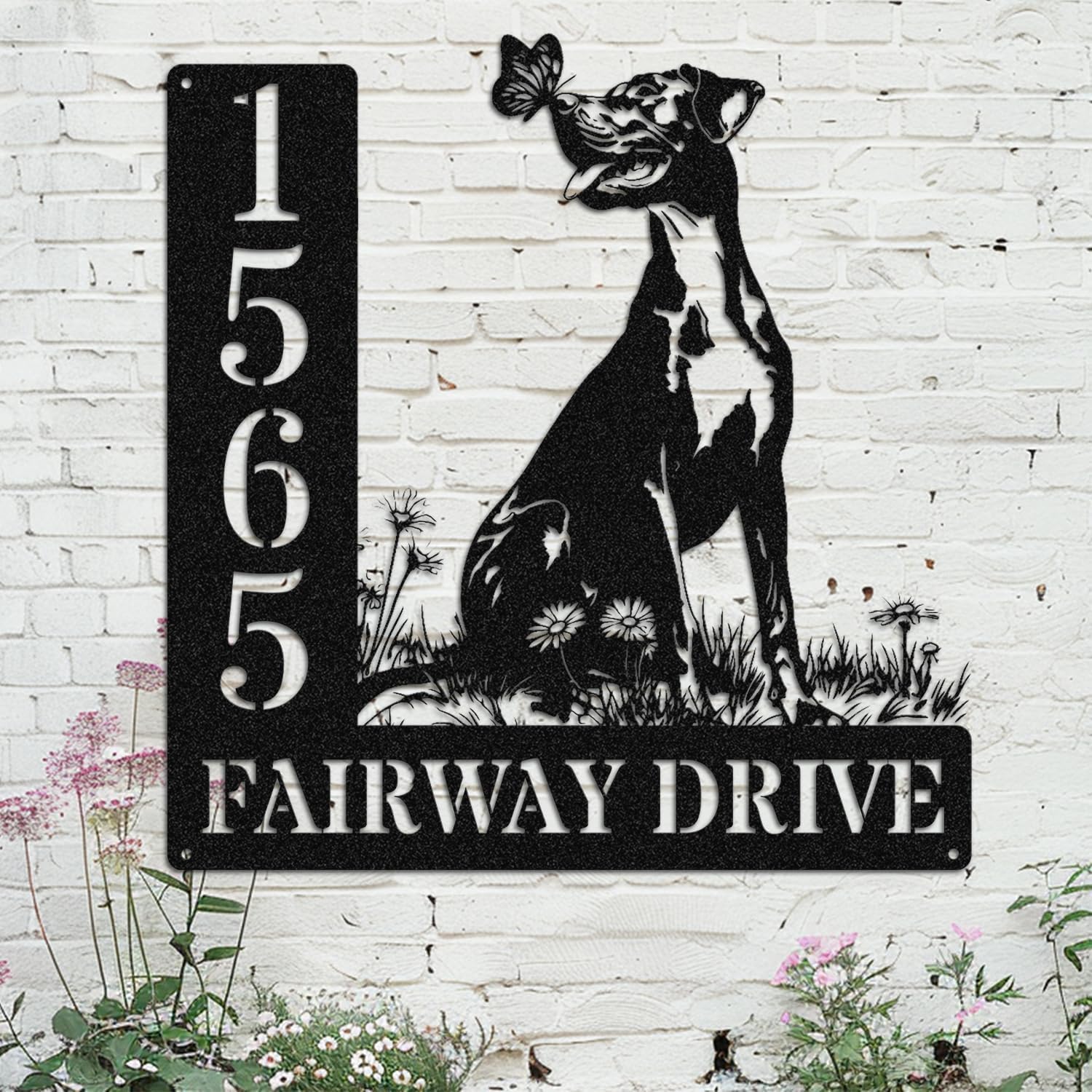 Personalized Great Dane Address Sign, Custom Metal Address Plaque, Great Dane Sitting with Butterfly Design, Lovely Outdoor Home Decor (Great Dane Address Sign)