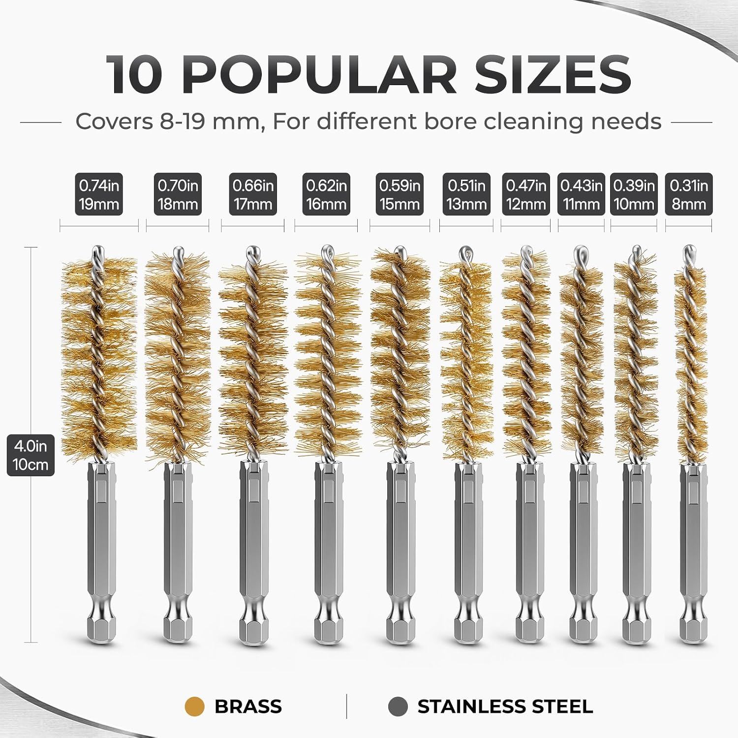 20 Pcs Stainless Steel Wire Bore Brush Set 8-19mm 1/4 Hex Shank for Drill