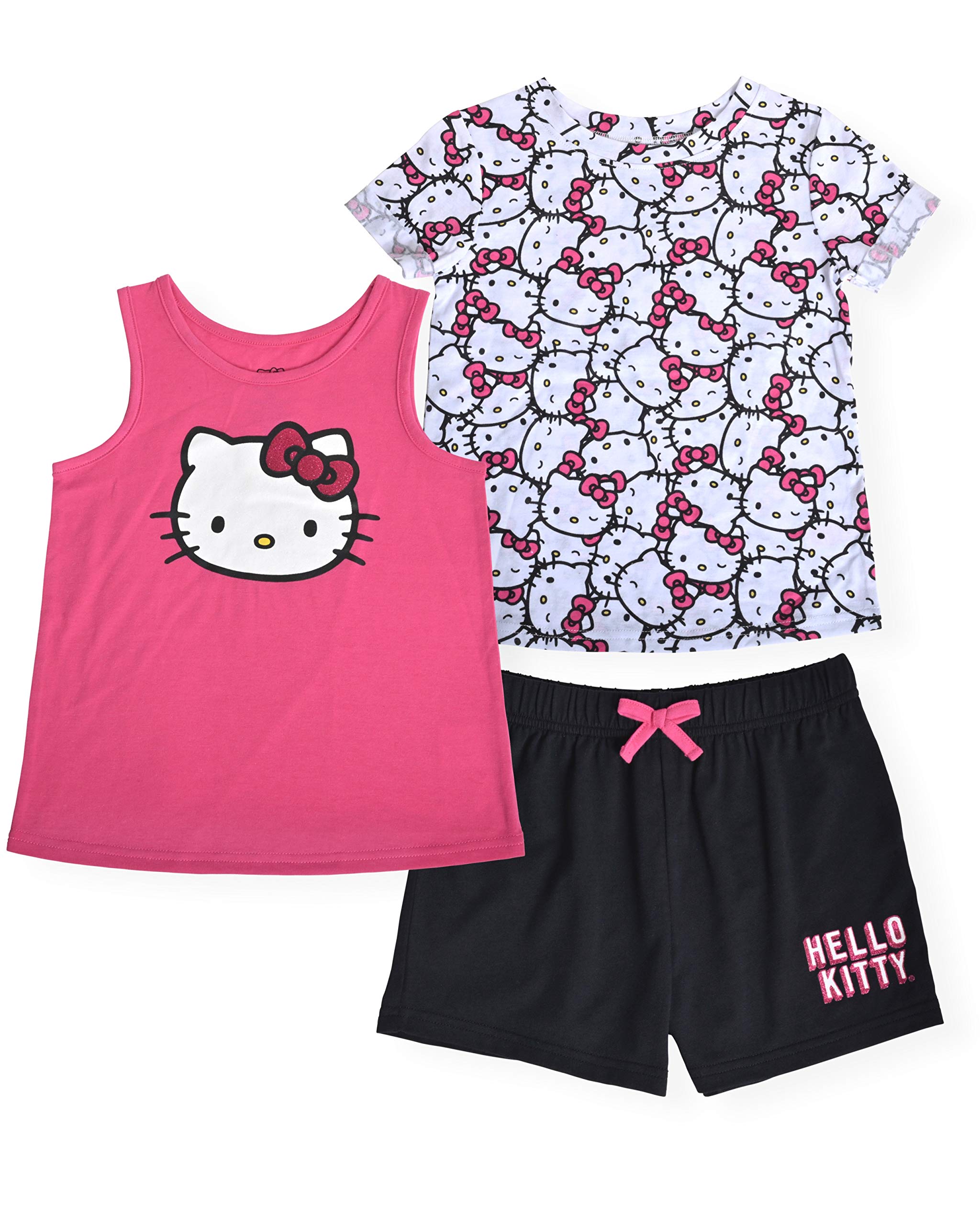 Hello Kitty Juego de camiseta de 3 piezas con estampado de moda y pantalón corto activo, ropa de verano para niña pequeña