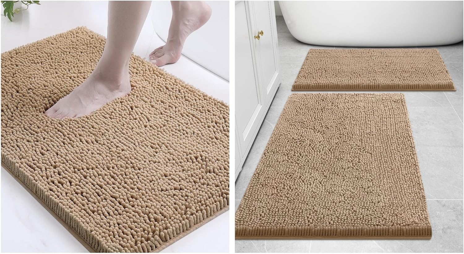 Smiry Bathroom Rugs and Mats Set of 3, Non Slip Absorbent Shaggy Bath Rug for Tub, Shower and Bath Room (24" x 16"+24" x 16"+30" x 20", Beige)