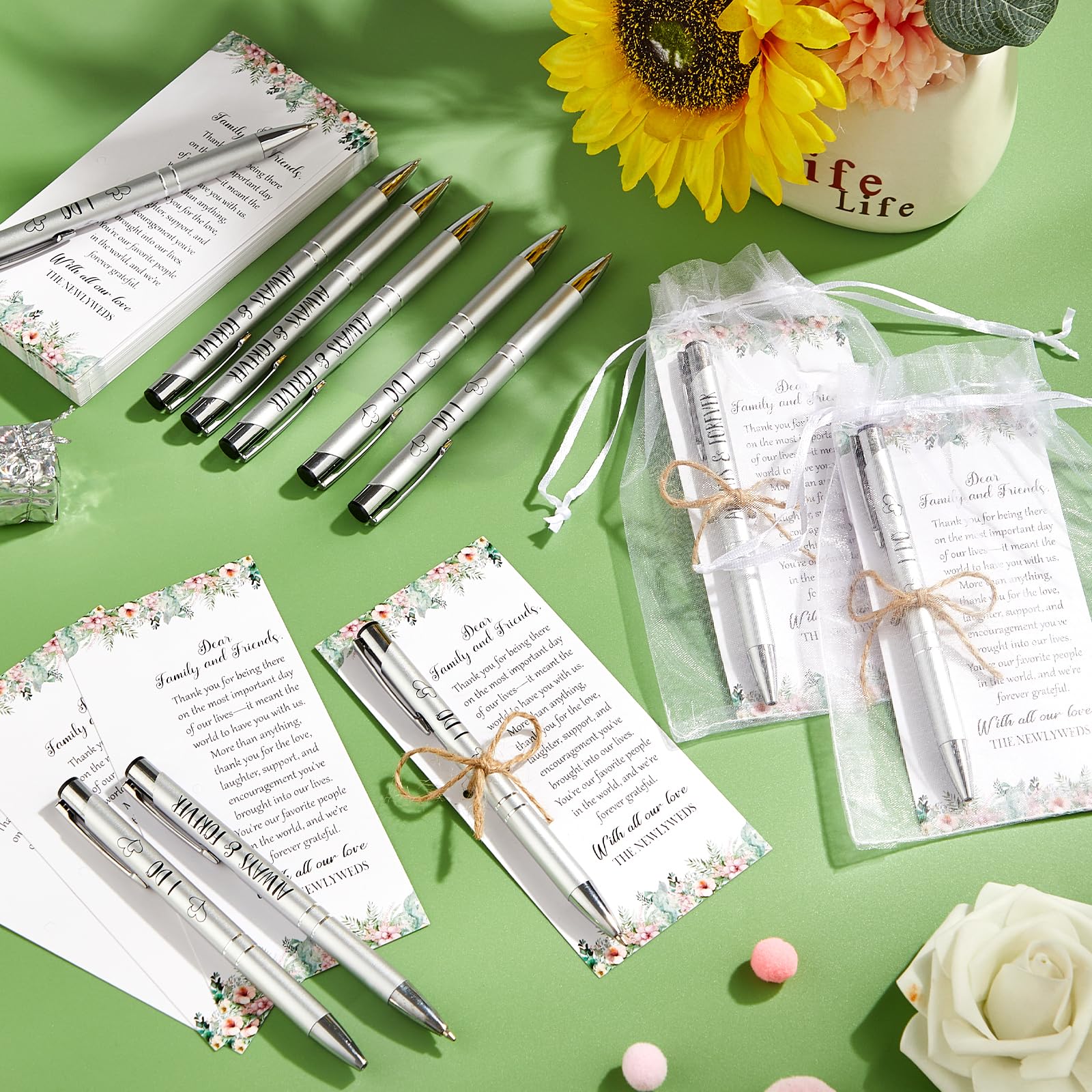 Set di 50 bomboniere per gli ospiti, include penne a sfera retrattili, biglietti di ringraziamento, sacchetto in organza, corda di canapa, bomboniere, addio al nubilato, regali, souvenir, souvenir per