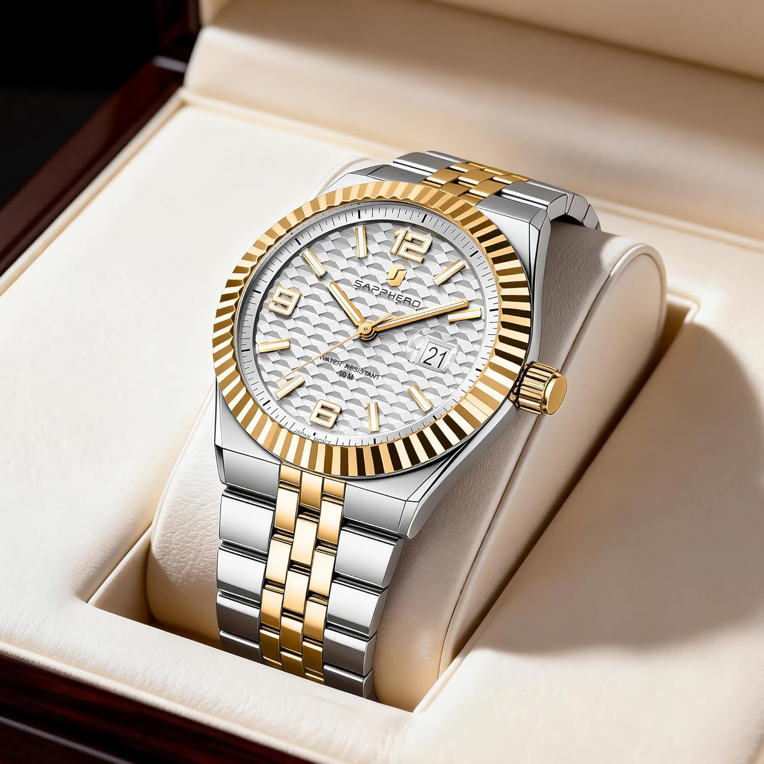 SAPPHERO Mens Watches Men’s Quartz Analog Watch Stainless Steel Bracelet with Date Window Luminous Designer 50M Water Resistant Luxury Watch for Business Work Sport Casual Dress Elegant Gifts