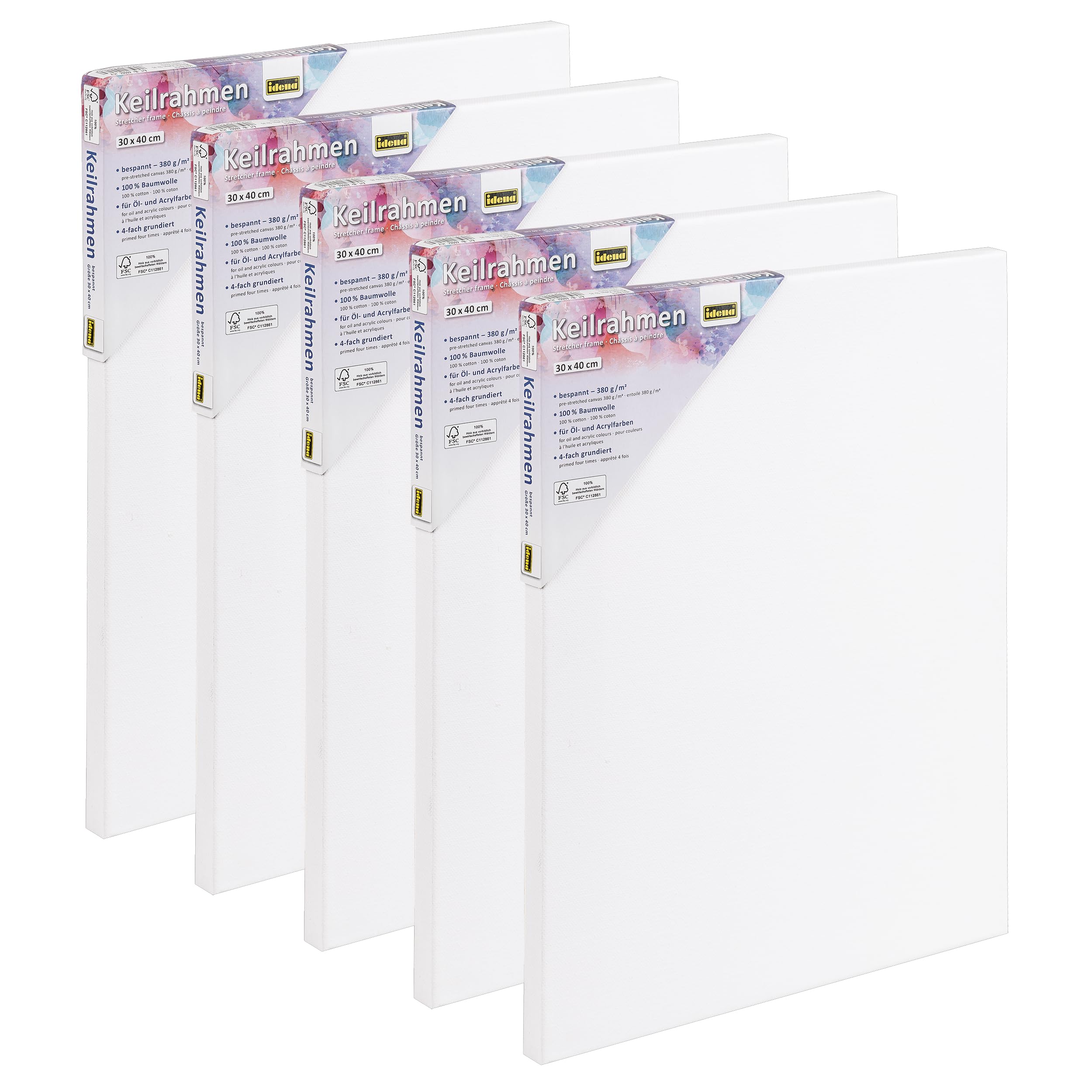 Idena 90953 - Painting on Stretcher Frame with White Canvas Made of 100% Cotton, 5 Pieces Approx. 30 x 40 cm, grammage 380 g/m², for Oil and Acrylic Paints