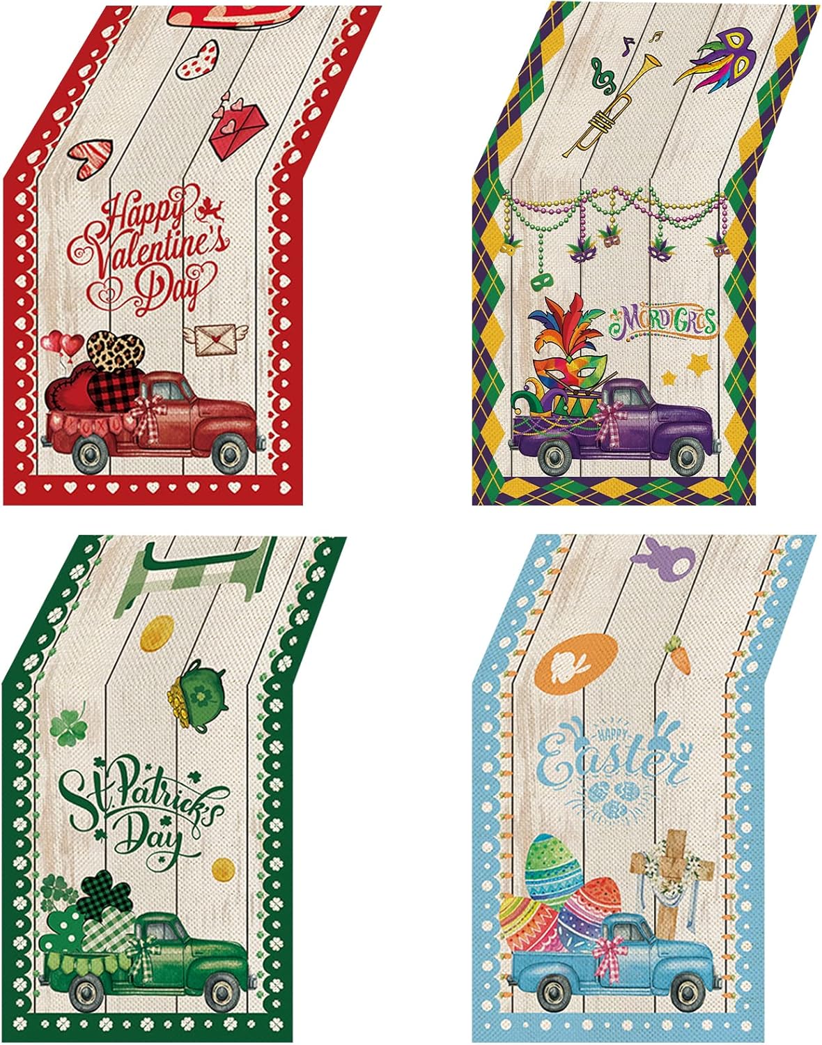 4 Pcs Happy Valentines Day Truck Table Runner 72 Inches Long, St Patricks Day Mardi Gras Truck Table Runner, Easter Eggs Car Table Decor for Kitchen Farmhouse Home Party
