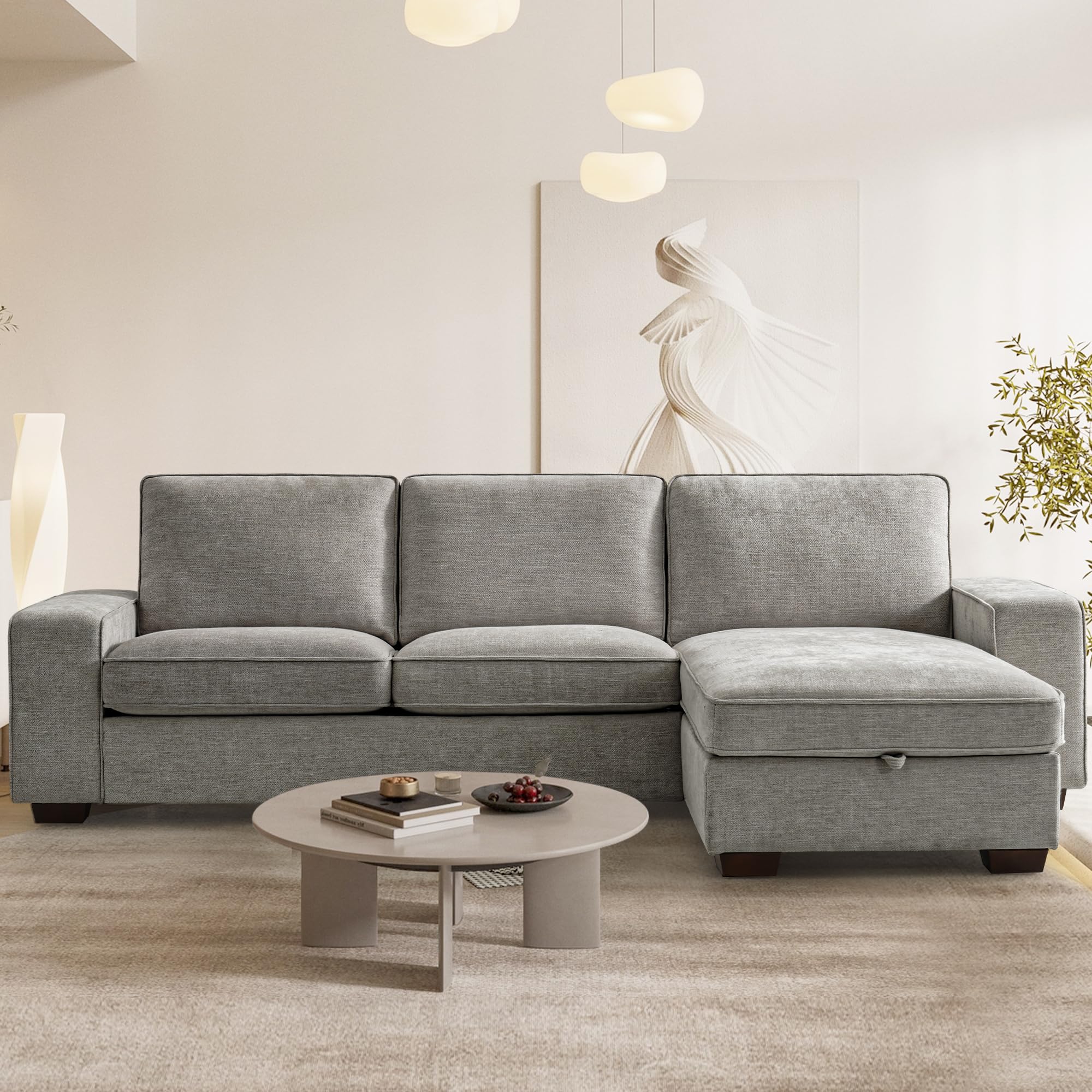 Chenille L Shaped Sectional Couches for Living Room, Comfy Convertible Modular Sofa with Storage Chaise for Small Spaces,Mid Century Modern,Deep Seat (Grey, 99")