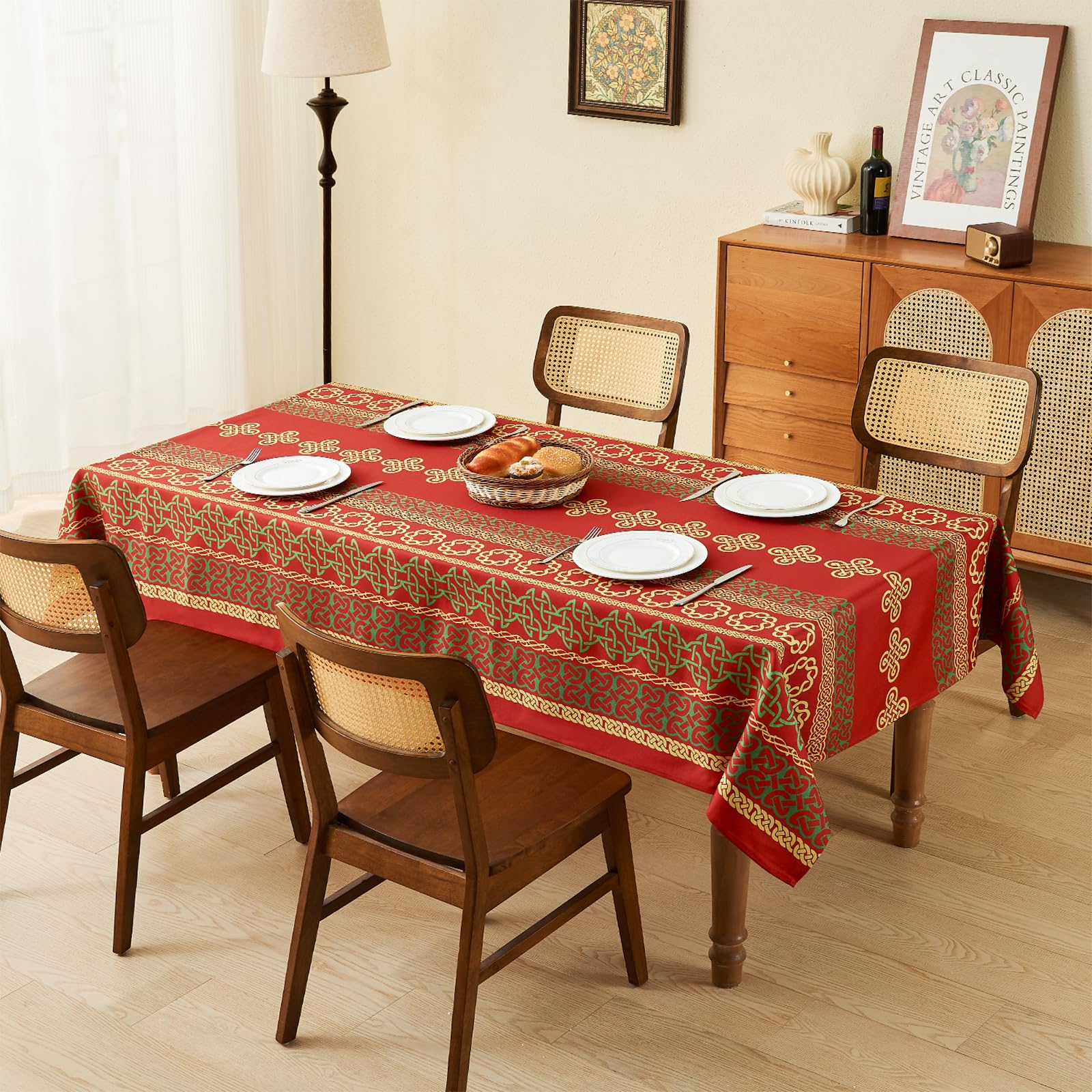 WAITER TREE Tovaglia rettangolare in lino stampata con nodi, resistente all'acqua e alle pieghe, lavabile, decorativa, San Patrizio, festa di Natale, feste, colore rosso, 140 × 180 cm