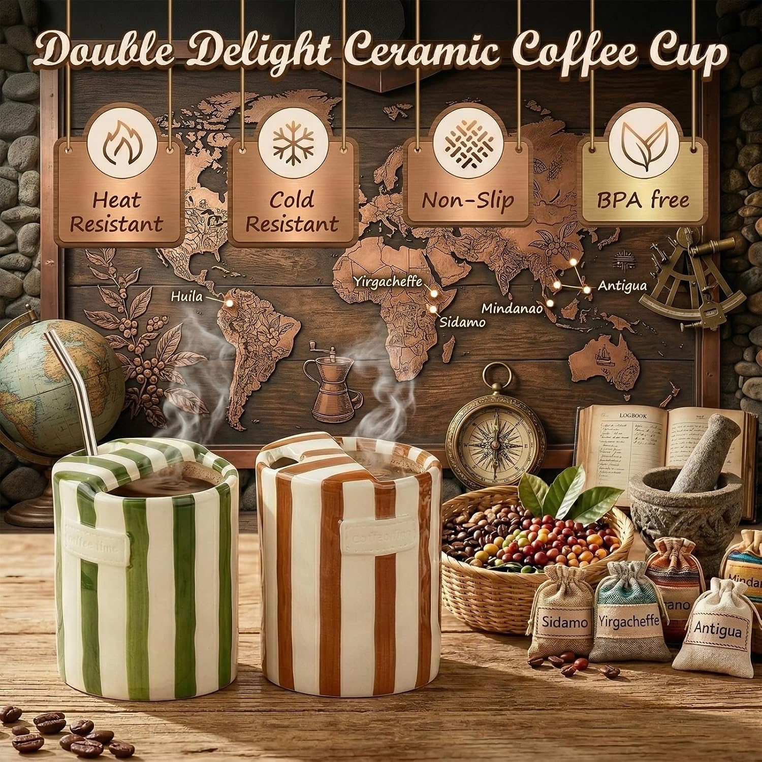 Novelty Ceramic Coffee Mug, 10OZ Retro Hand-Painted Striped Travel Mug with Sip Hole Ceramic Cup, Microwave & Dishwasher Safe, Perfect Present for Coffee Lovers (Brown)