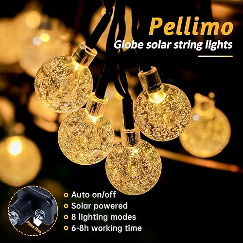 Miniatura 2 de Pellimo Paquete de 2 tiras de 30 luces LED solares de 20 pies para exteriores, luces de globo de cristal con 8 modos de iluminación, luces solares