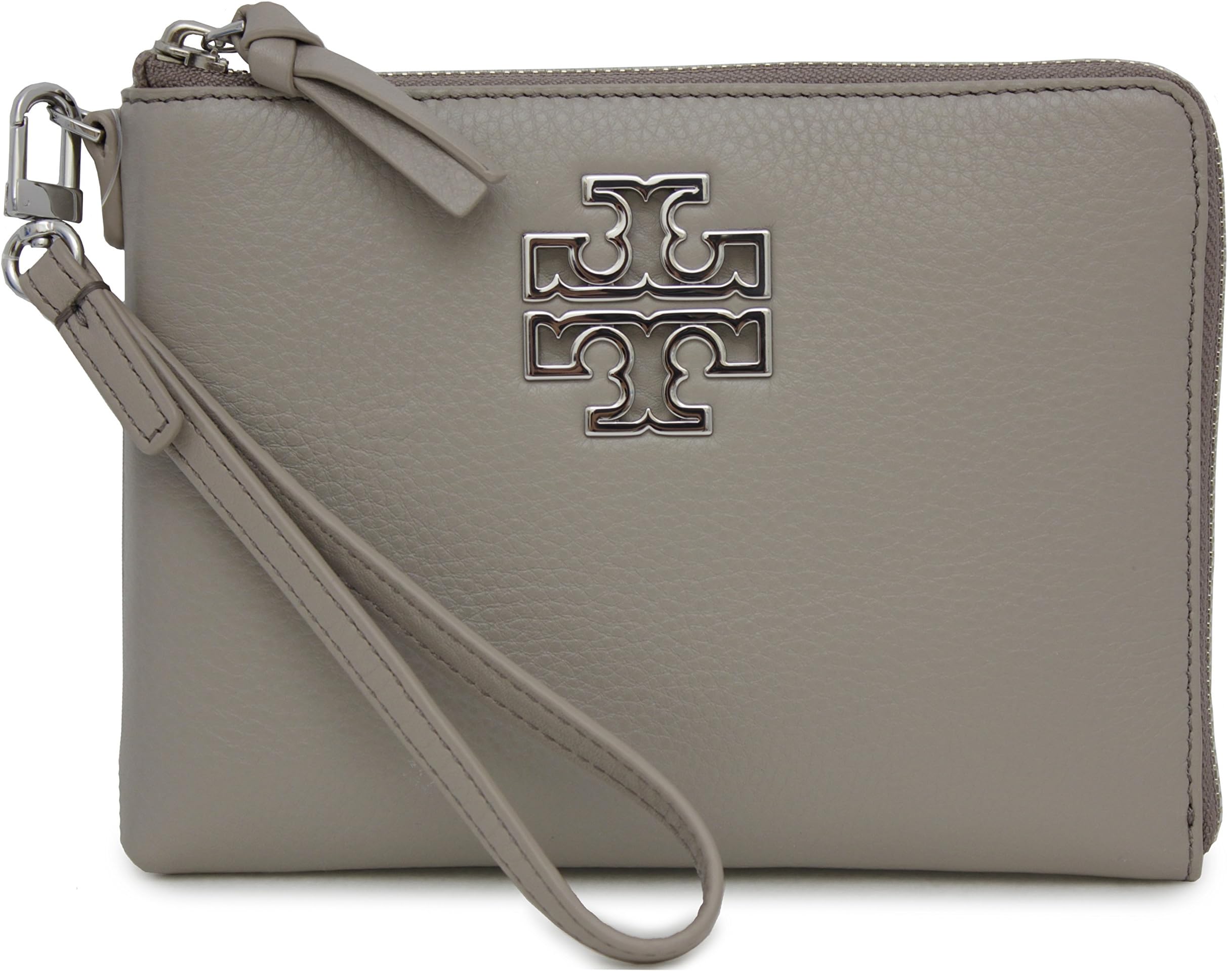 Tory Burch Britten Large Pebbled Leather Zip Pouch Wristlet (French Gray)