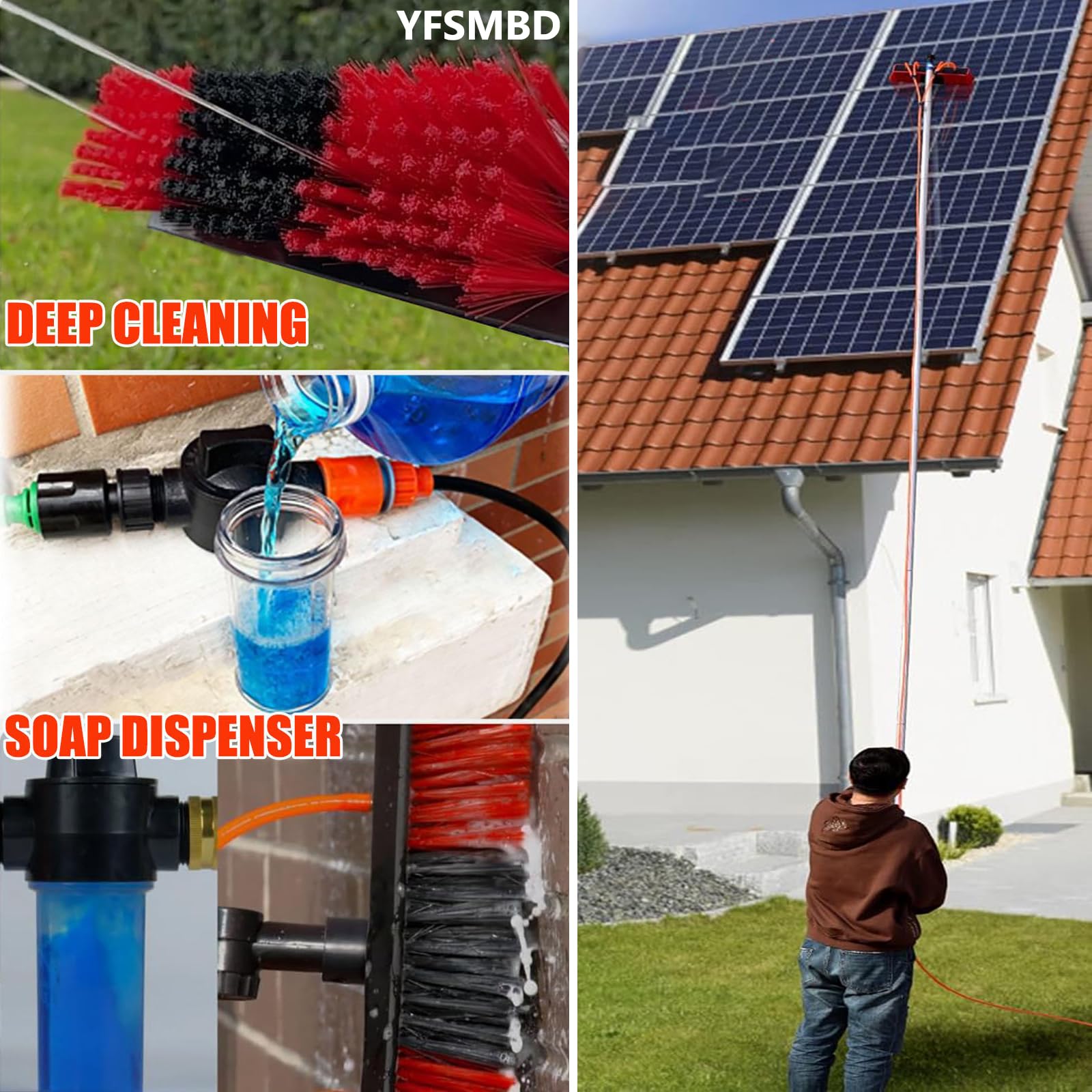 Genérico Barra Telescópica Extensible 3-18 Metros,Limpieza Placas Fotovoltaicas, Limpiacristales, Dispensador de Jabon y 20m Manguera, Limpiador Placas Solares, Tejados y Terrazas (35cm Cepillo,4m)