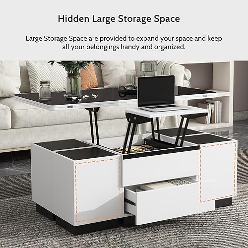 Miniatura 16 de Mesa de centro moderna con 2 cajones de almacenamiento y estantes de exhibición, mesa de cóctel rectangular con luces LED de 16 colores, ideal para