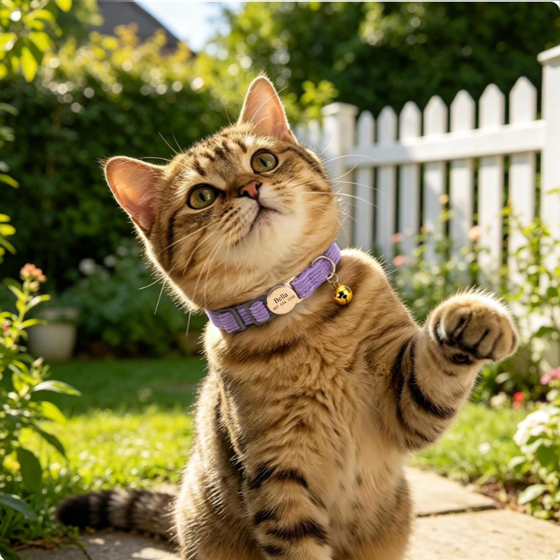 Collare gatto personalizzato con campana, nome e numero di telefono inciso su misura, tessuto regolabile morbido, fibbia a rilascio rapido Breakaway