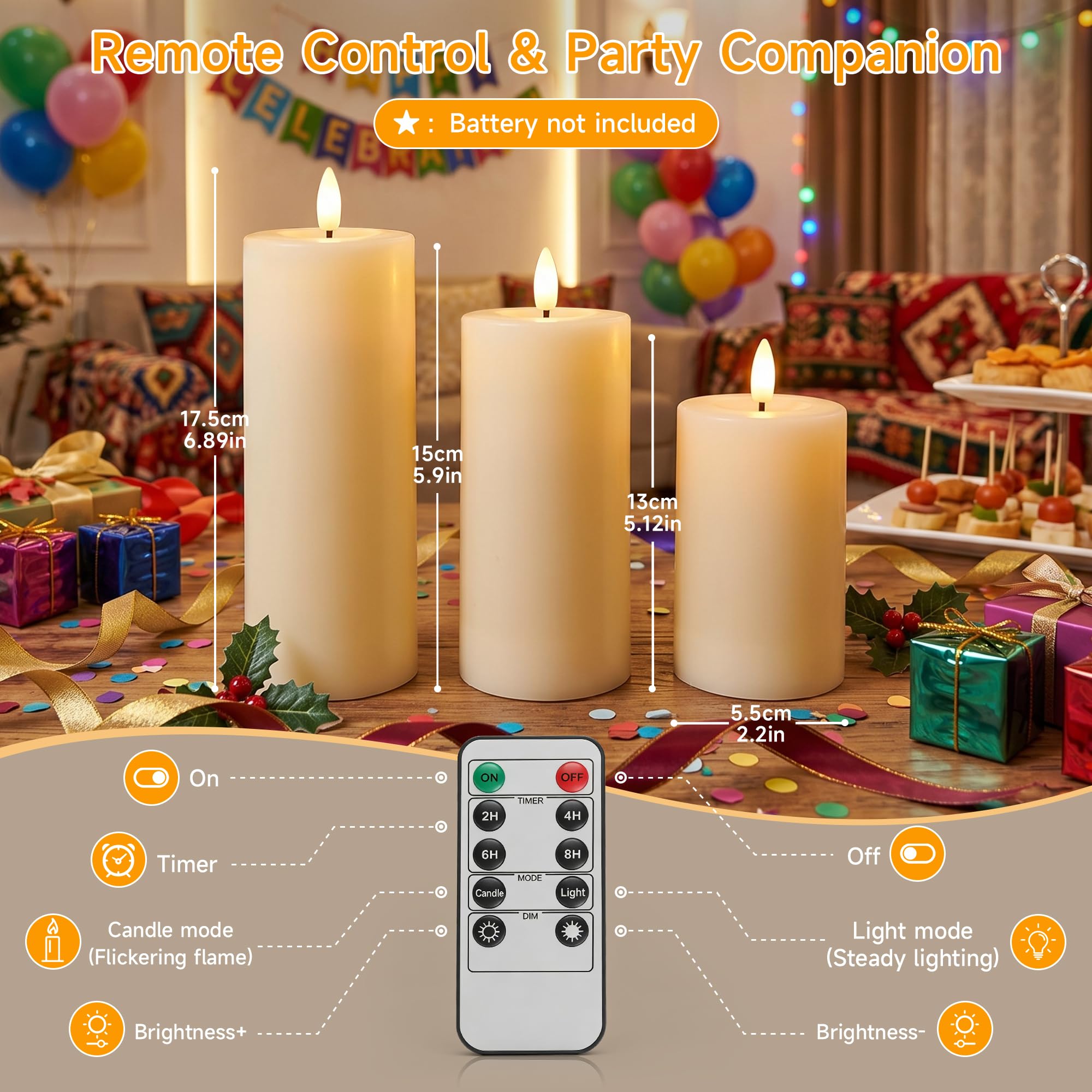 Candele Led Fiamma Oscillante, IP65 (13,5/15/18cm x 5,5cm, 6 Pezzi) | Candela LED Con Timer E Telecomando Candela Senza Fiamma Led Ideali Candele a LED Per Patii, Matrimoni, Soggiorni, Halloween