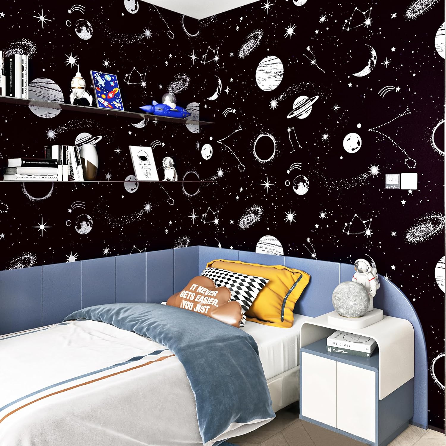 ReWallpaper Galaxy Sky Peel and Stick Wallpaper Stars Moon Planets Constellations Black Outer Space Wallpaper Contact Paper Peel and Stick 17.5in×10ft Bedroom Bathroom Kids Playroom Living Room Wall