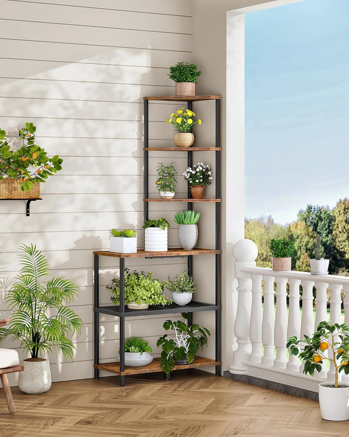 CHOEZON 6-Tier Corner Shelf, Industrial Corner Bookshelf with Desk Top, Diamond-Shaped Storage Shelves, Display Stand for Small Spaces, Living Room, Home Office, Foyer, Rustic Brown and Black TCJ70BF