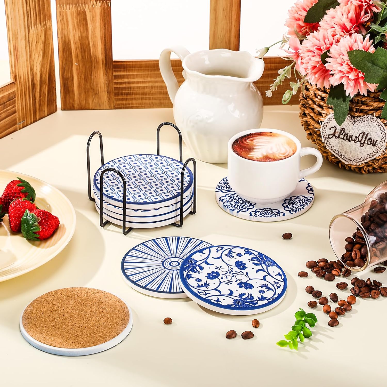 Patelai 8 Pcs Vintage Ceramic Coasters Set with Holder,