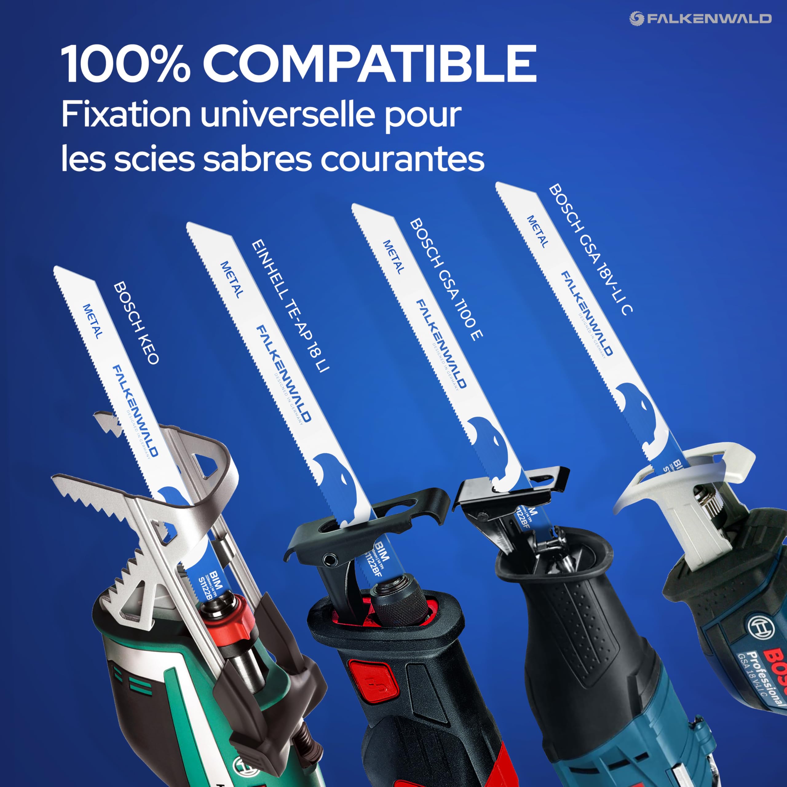 FALKENWALD Lot de 10 lames de scie sabre en métal S1122BF - Super Flex - 225 mm de long, 14 TPI - Bi-métal, acier inoxydable, aluminium, tôles - Tige universelle 1/2" pour Bosch, Makita, Einhell, etc.