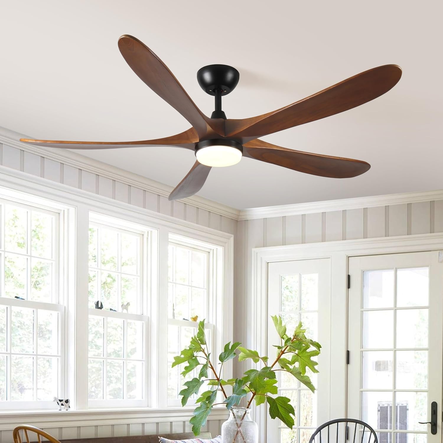 62-Inch Solid Wood with Remote Control with Light (LED) Modern DC DC Motor Indoor/Outdoor 5-Blade Ceiling Fan for Patios, Bedrooms and Farmhouses