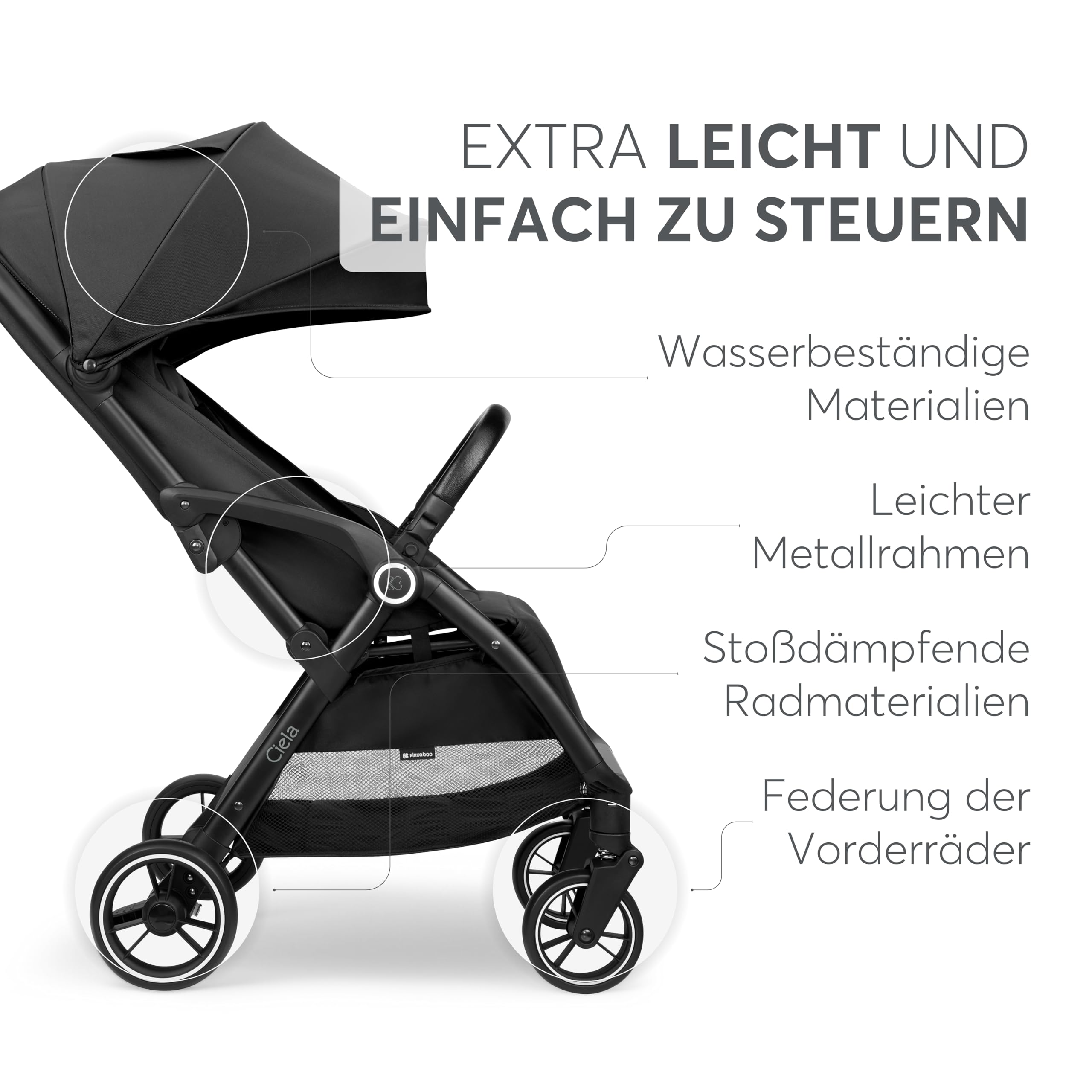 KikkaBoo Buggy Kinderwagen Reisebuggy CIELA, Bis 22 kg, Leicht (7,1 kg), One-Hand-Faltbar, Atmungsaktiv & Wasserabweisend, Inkl. Regenschutz, Schwarz