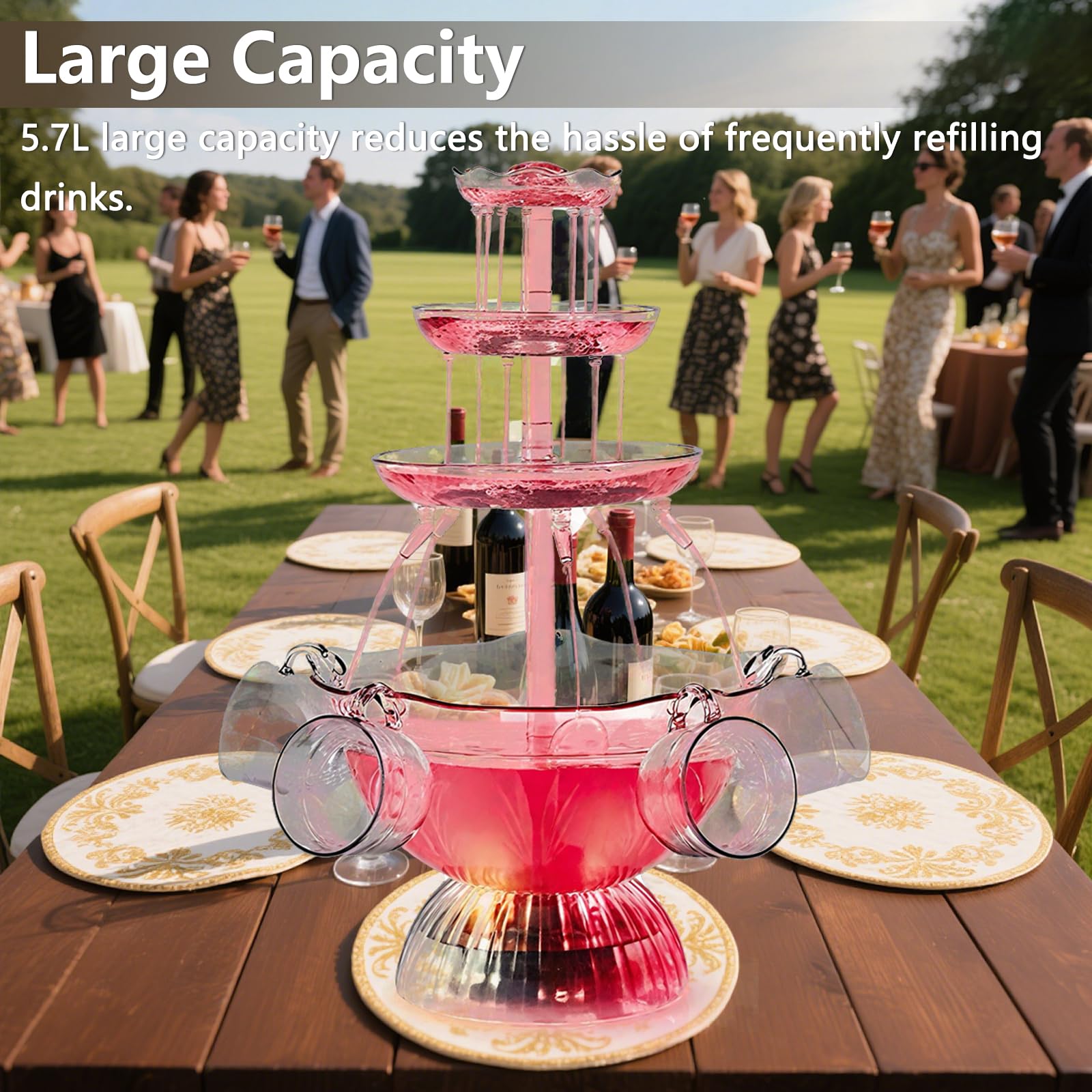 Fontaine de fête à 3 niveaux avec éclairage, 5 gobelets réutilisables, socle éclairé par LED, tour de boissons pour mariages, fêtes, célébrations et bars