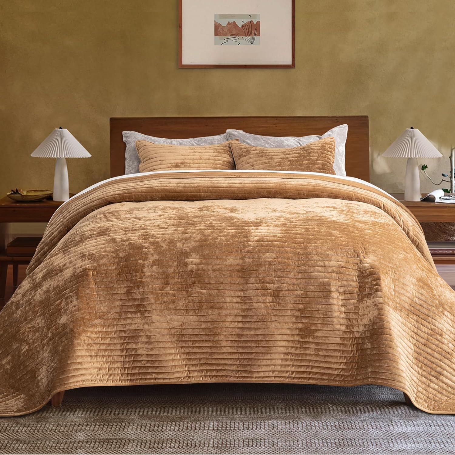 (maybe incomplete) EVERGRACE Velvet Quilt Set King Size, Luxurious Soft Striped Channel Bedding Set, Lightweight Velvet Comforter for All Season, Oversized Bedspread Coverlet with 2 Matching Shams, Gold Yellow KING/CAL.KING (104"x92") Gold Yellow