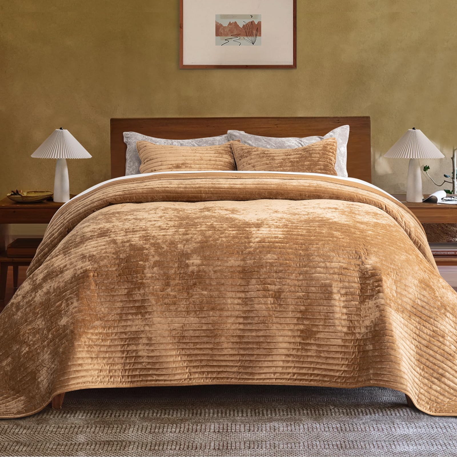 EVERGRACE Velvet Quilt Set King Size, Luxurious Soft Striped Channel