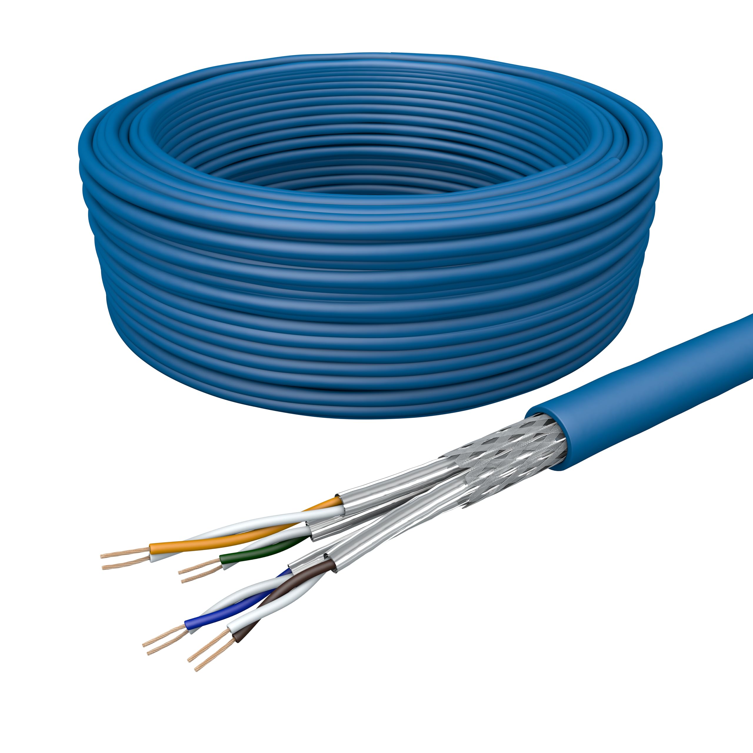 Draka Cavo di rete patch LAN, flessibile, 100 m, Cat 7 S/FTP PiMF LSZH, senza alogeni, AWG 26/7, cavo di installazione PoE 100% rame UC900 Flex 10 Gbit/s blu