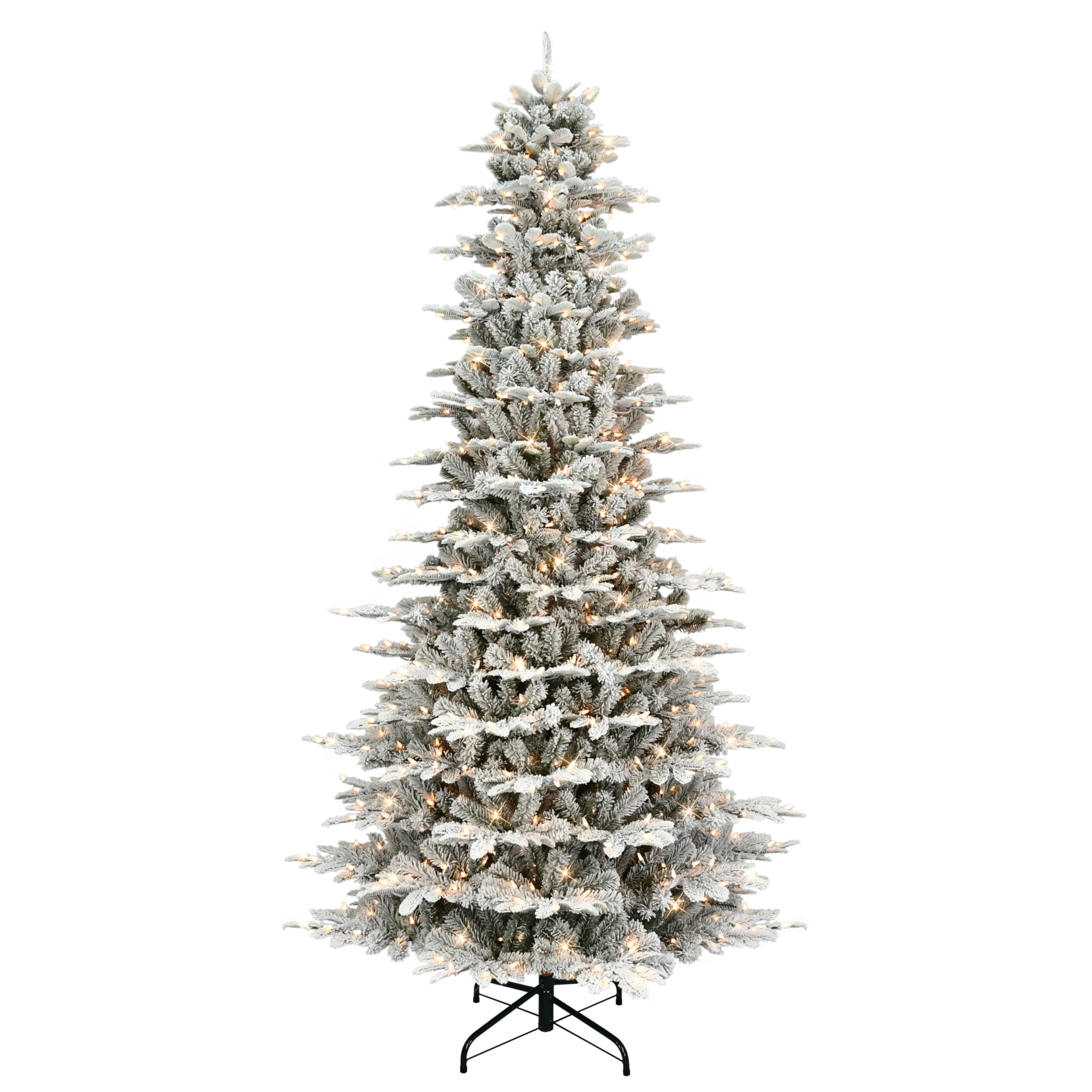 9 ft Pre-lit Slim Flocked Aspen Fir Tree, 1451 PE/PVC Tips, 700 UL Clear Incandescent Lights, On/Off Foot Pedal