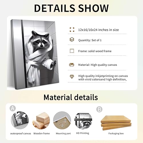 Miniatura 5 de Divertida decoración de pared de baño, lienzo de mapache blanco y negro, decoración de animales humorísticos, mapache en una bata de baño,