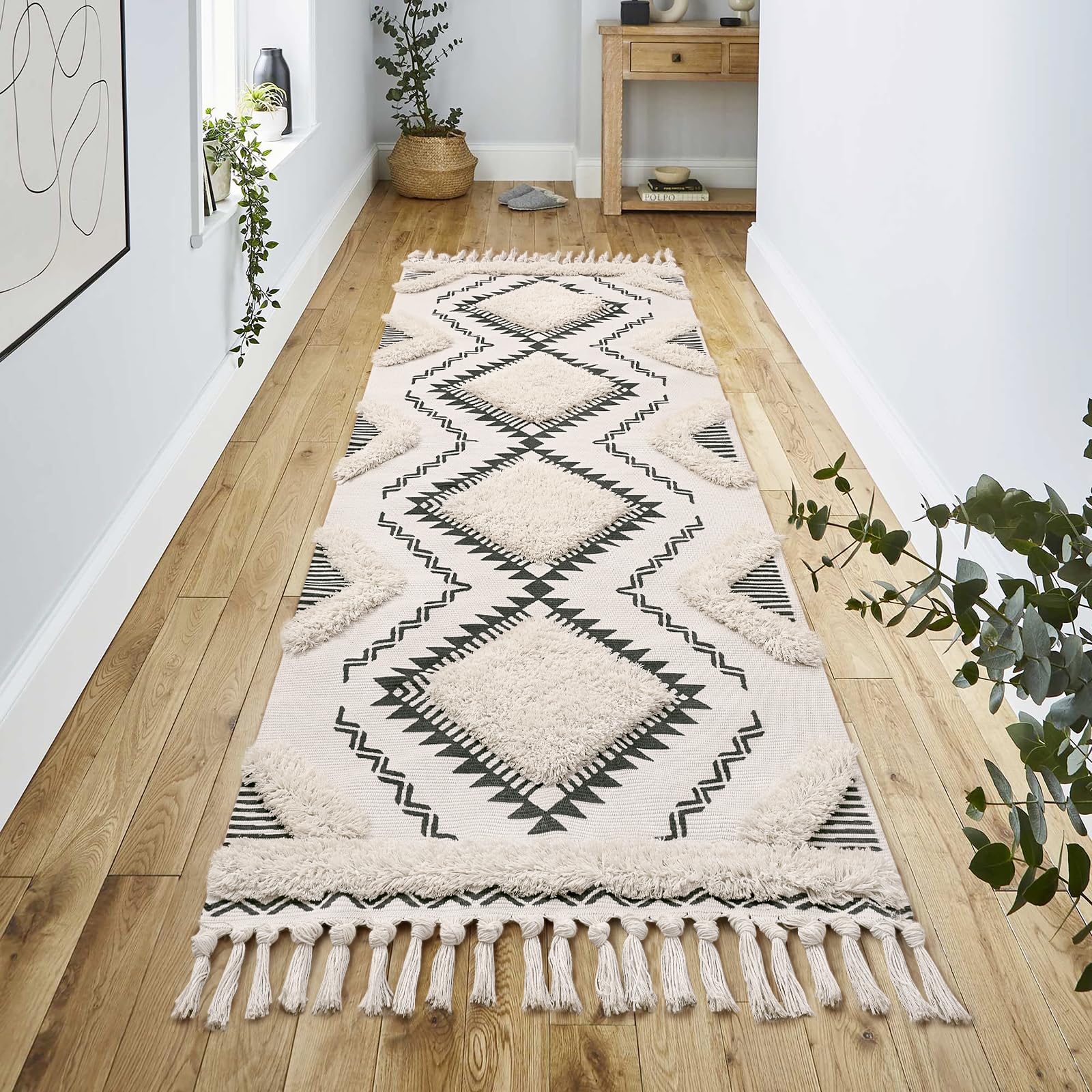 Keeko 2x6 Bedroom Runner Rug, Accent Living Room Hallway Runner Rugs for Entryway Indoor Washable Geometric Woven Long Carpet Western Non Slip Bedside Rugs for Kitchen Dorm Farmhouse Decor Cream
