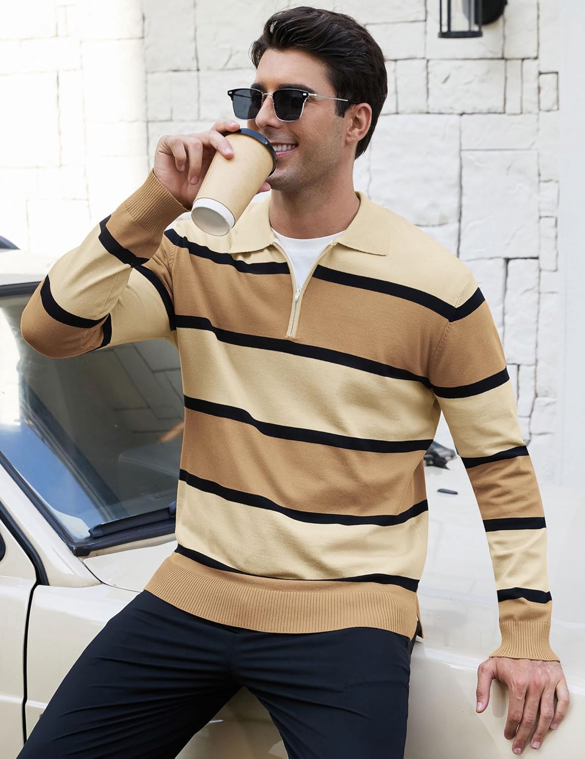 EDITCOZY Men Casual Polo Shirts Vintage Striped Golf Shirts Knit Rugby Shirt Lightweight Polo Sweater - Image 7
