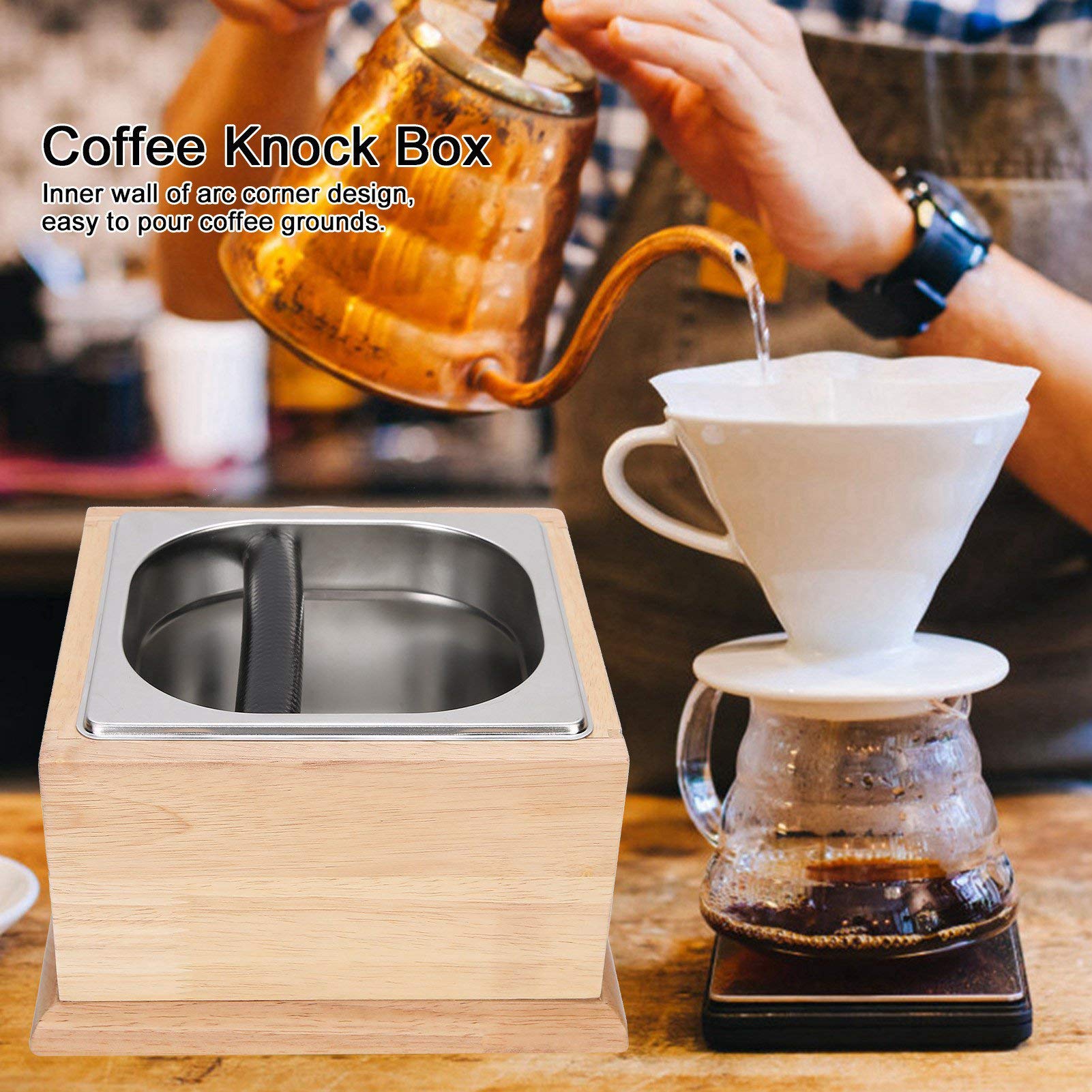 Knock Box Edelstahl-Kaffeesatzbehälter, Abfallbehälter mit Holzsockel, Kaffeezubehör, herausnehmbarer Edelstahl-Inneneinsatz, unverzichtbare Werkzeuge für Baristas