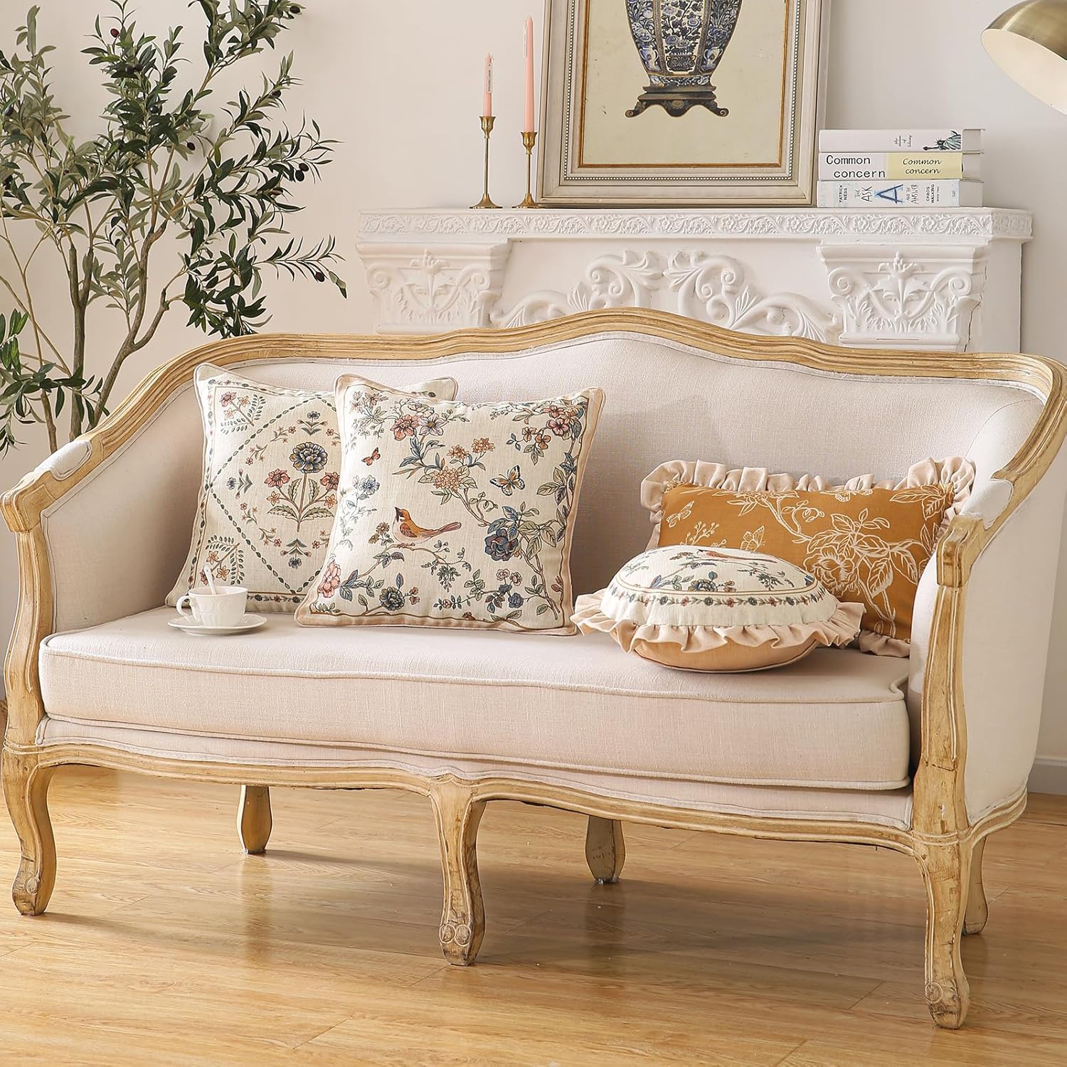 ISAENNE Design Square Floral Bird Linen Throw Pillow Covers 18"x18" Pack of 2, Yellow Pink Cushion Covers with Flower Chinese Hwamei Decor Pillowcases for Bed,Living Room,Outdoor,Car - Image 8