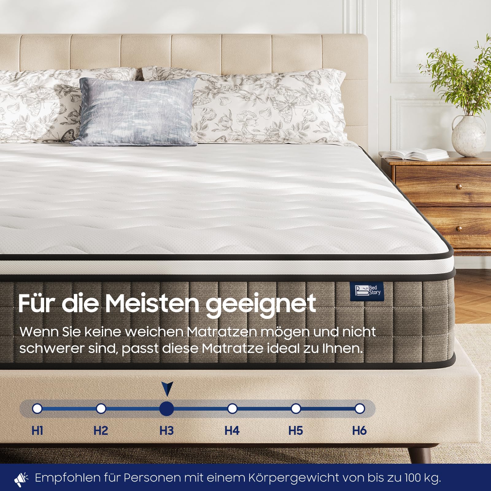 BedStory Taschenfederkernmatratze 180x200 cm, H3/H4 Härtegrad, 20 cm, Oeko-TEX, Dunkelgrau
