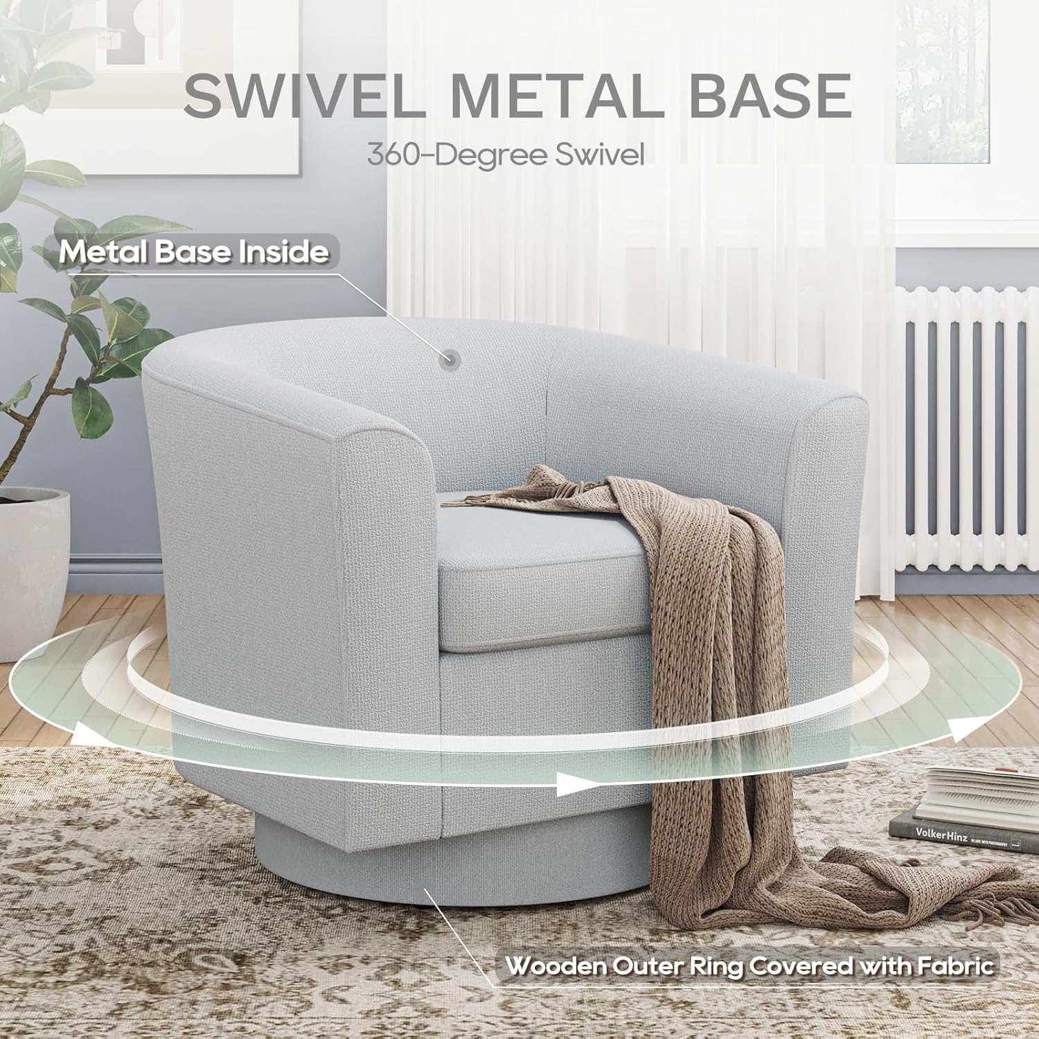 COLAMY Upholstered Swivel Barrel Accent Chair with Ottoman, Modern Single Sofa Lounge Armchair Club Chair with Storage Space for Living Room Bedroom Office, Light Grey, Set of 2