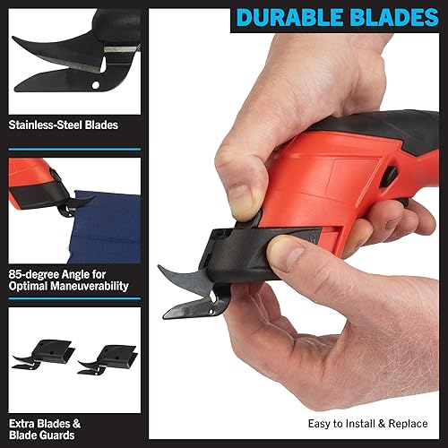 Miniatura 4 de Stalwart - Tijeras eléctricas inalámbricas, cortador multiusos de tela, cuero, alfombra o cartón con 2 cuchillas y batería recargable de 3.6 V (rojo)