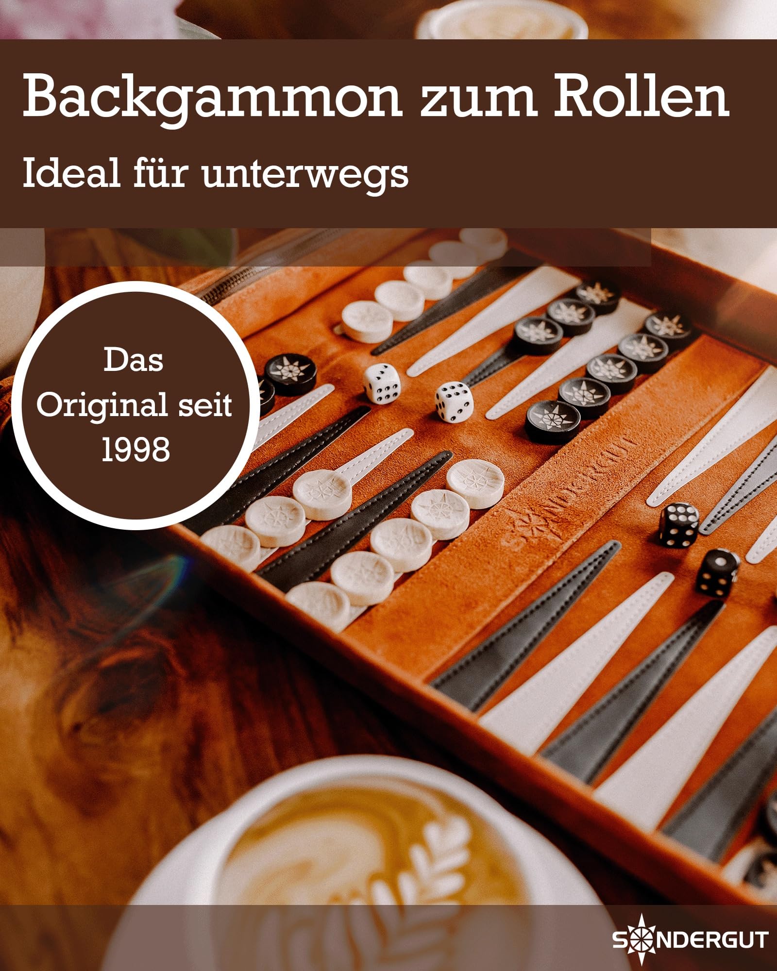 Sondergut Backgammon Deluxe - Patentiertes Klappdesign & Echtleder - Edles Design - Premium Buchenholz Spielsteine 30x40cm
