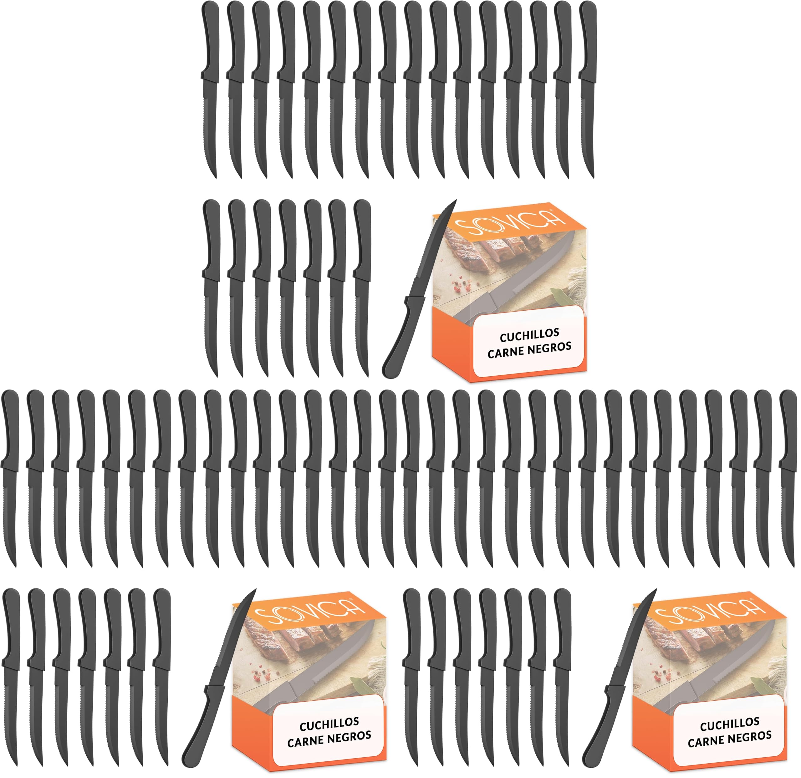 Sovica Cuchillos carne negros 24 piezas tamaño 22 cm aptos lavavajillas (Paquete de 3)