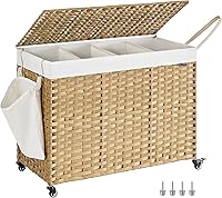 SONGMICS 55.4 Gallon Rolling Laundry Hamper with Lid, 4-Section Synthetic Rattan Basket, Wheels & Removable Liner, Natural ULCB460Y01