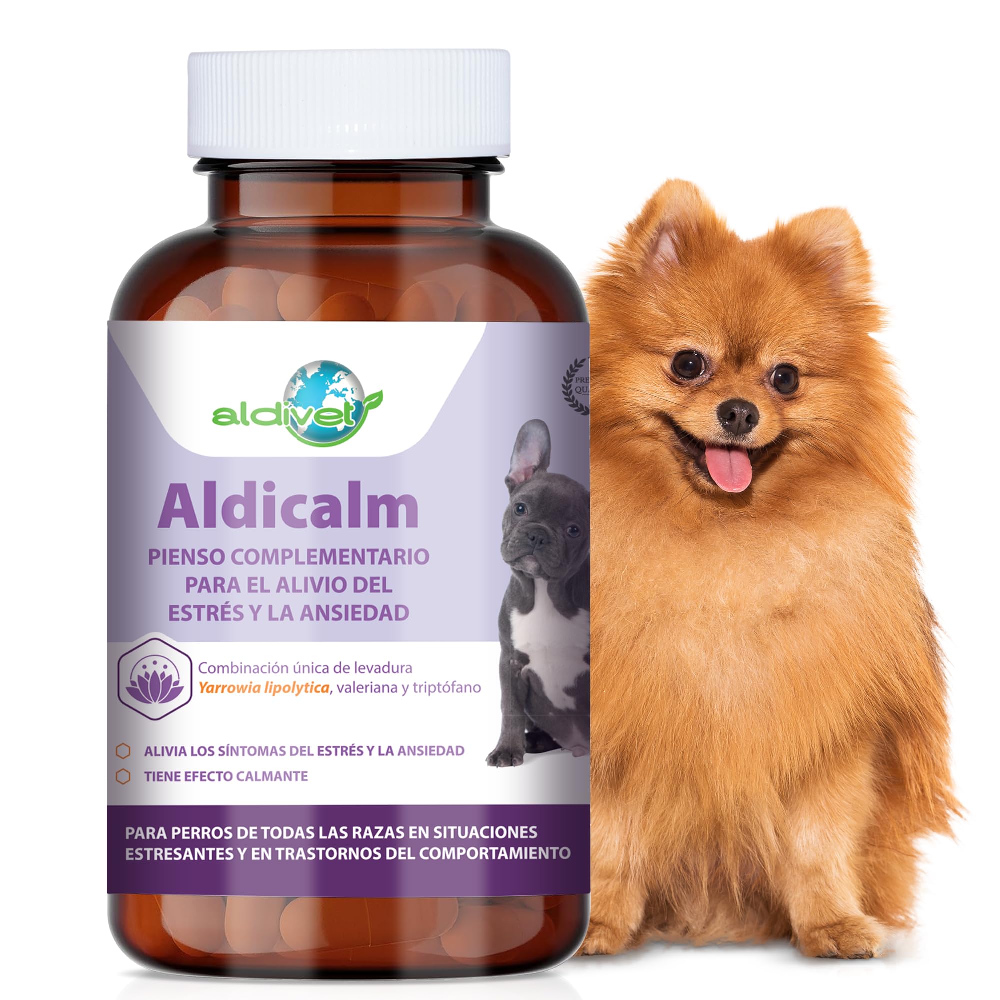 Aldivet Aldicalm Suplemento para Estrés y Ansiedad en Perros - Para Viajes, Visitas al Veterinario - Fuegos Artificiales - Serotonina Calmante Natural - Trastorno del Comportamiento en Perros 100 cáp